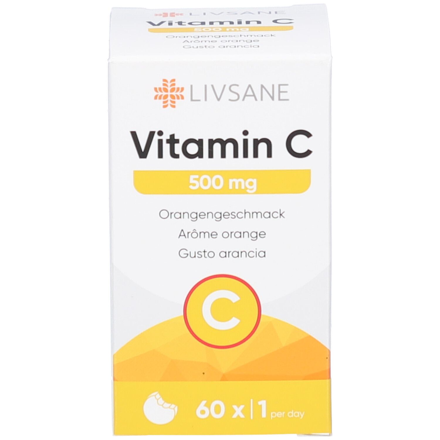 Weiße Produktverpackung. Text: Vitamin C 500 mg, Orangengeschmack, 60 Tabletten. Logo: C in Kreis.