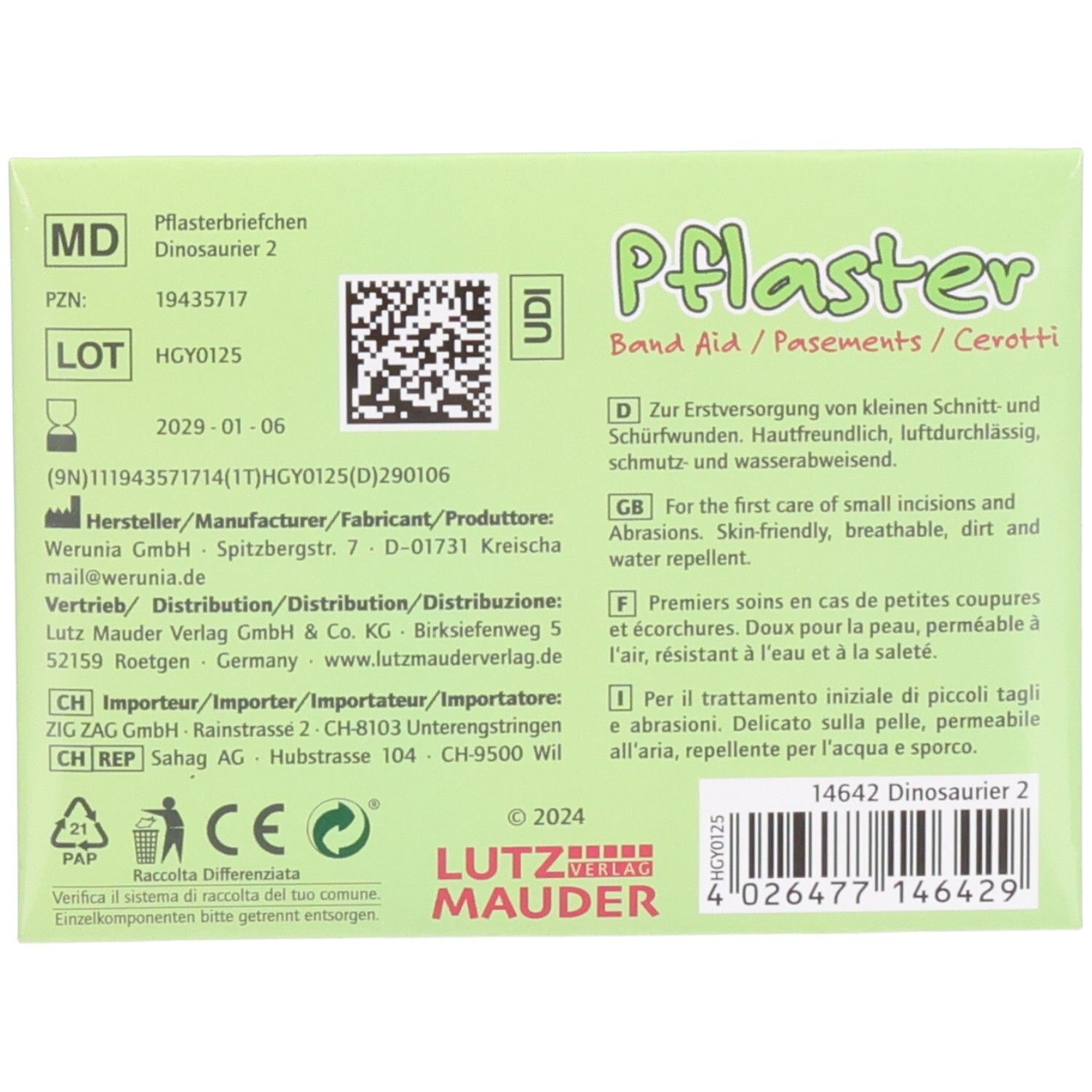 Dos de l'emballage de pansements. Texte en allemand, anglais, français et italien. Informations fabricant et code-barres.