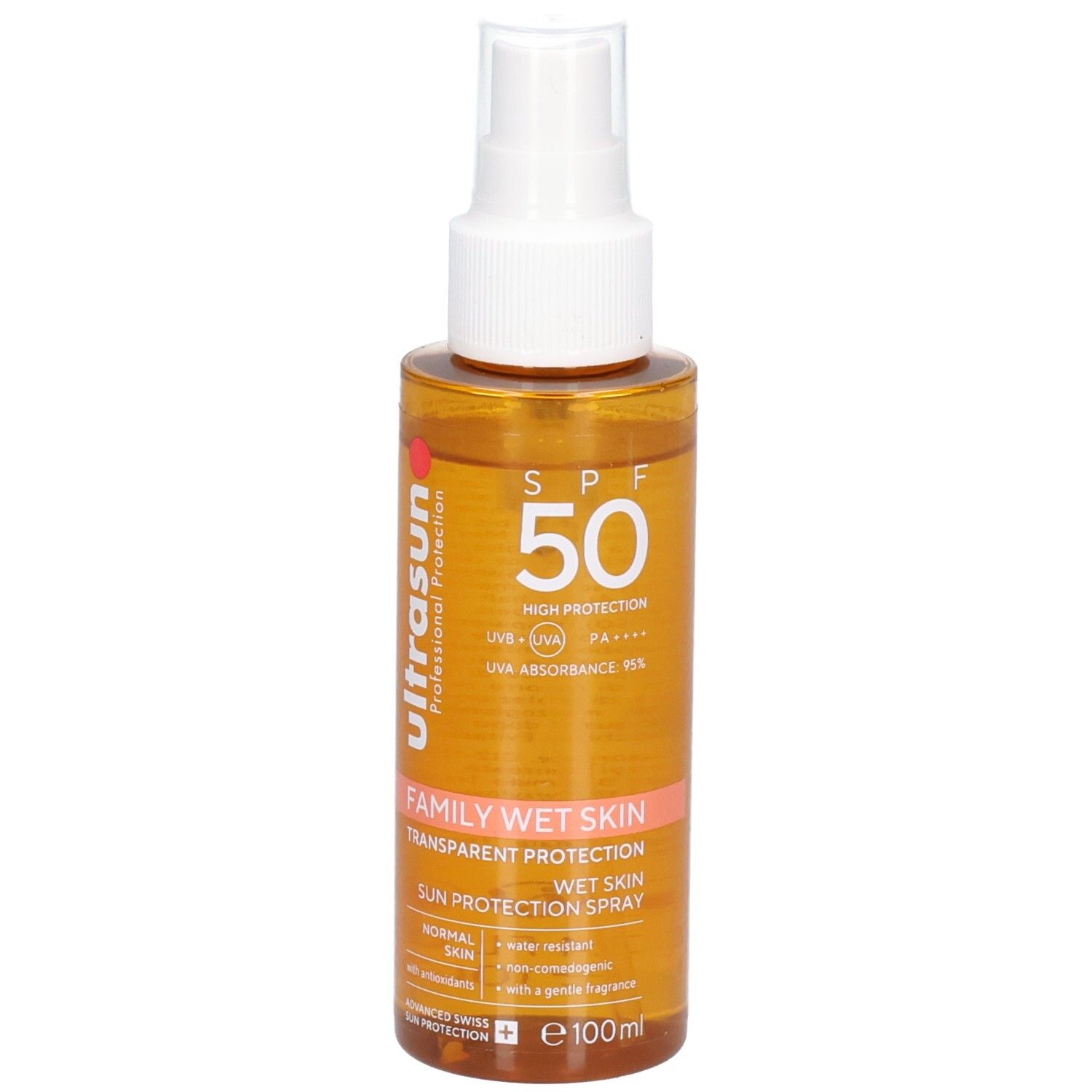 Spray solaire Ultrasun Family Wet Skin SPF 50, formule transparente.
