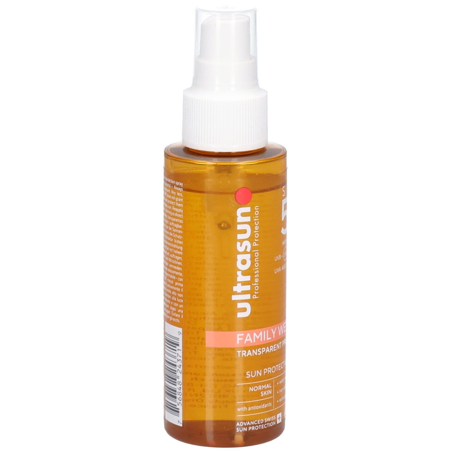 Spray solaire Ultrasun Family Wet Skin, dos avec informations produit.