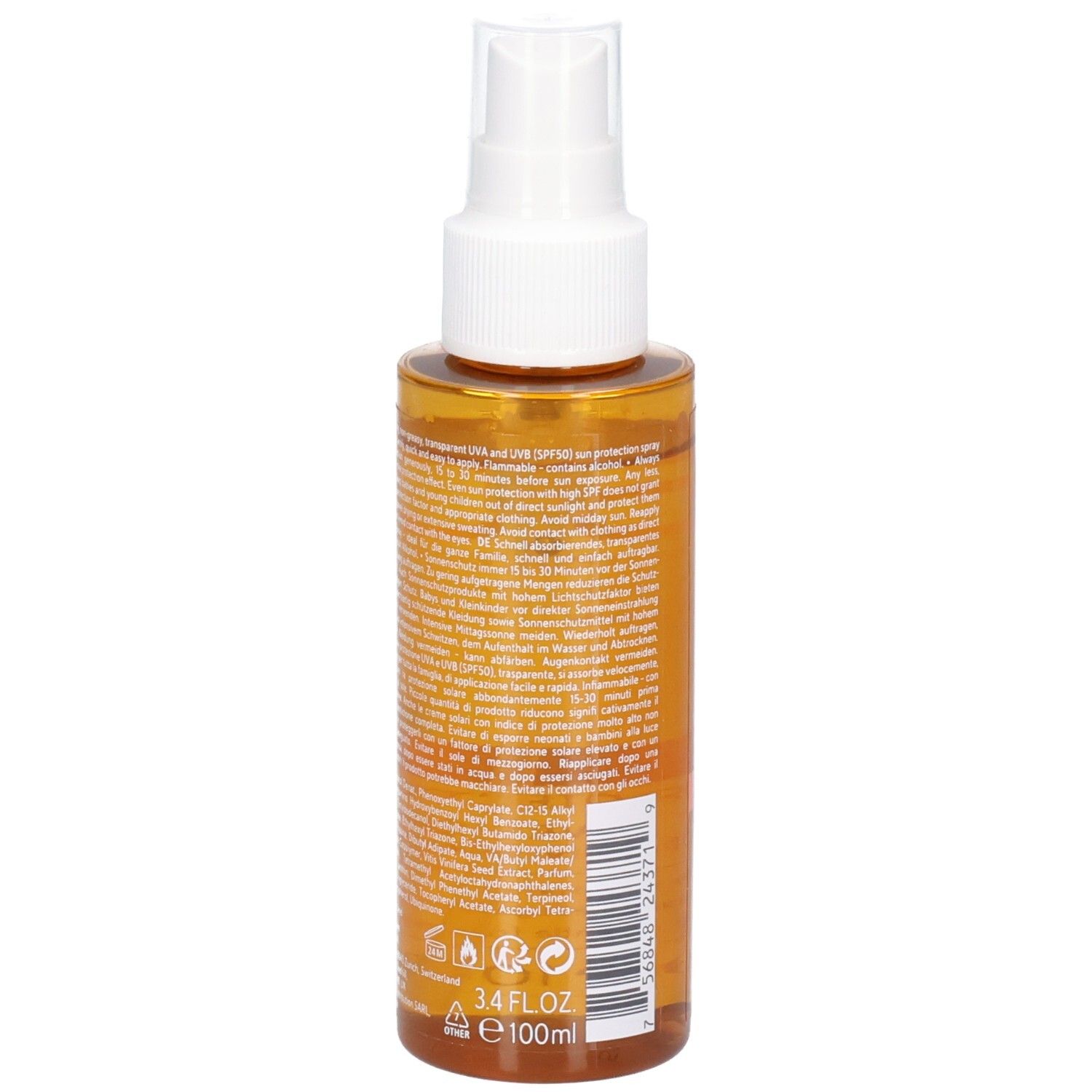 Spray solaire Ultrasun Family Wet Skin, dos avec liste d'ingrédients.
