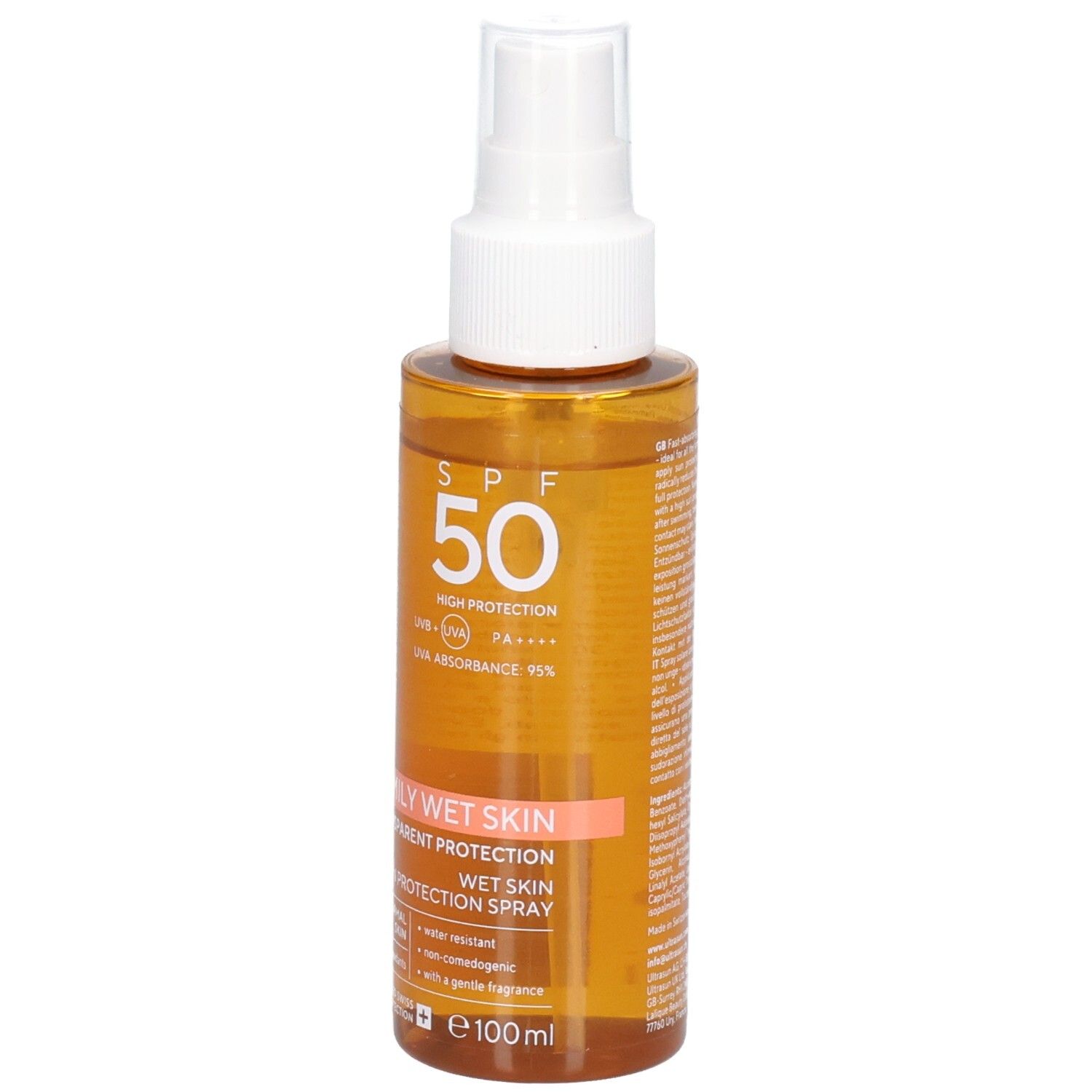 Spray solaire Ultrasun Family Wet Skin SPF 50, formule transparente.