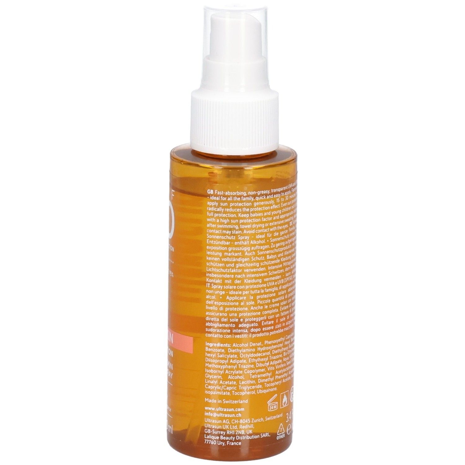 Spray solaire Ultrasun Family Wet Skin, dos avec liste d'ingrédients.