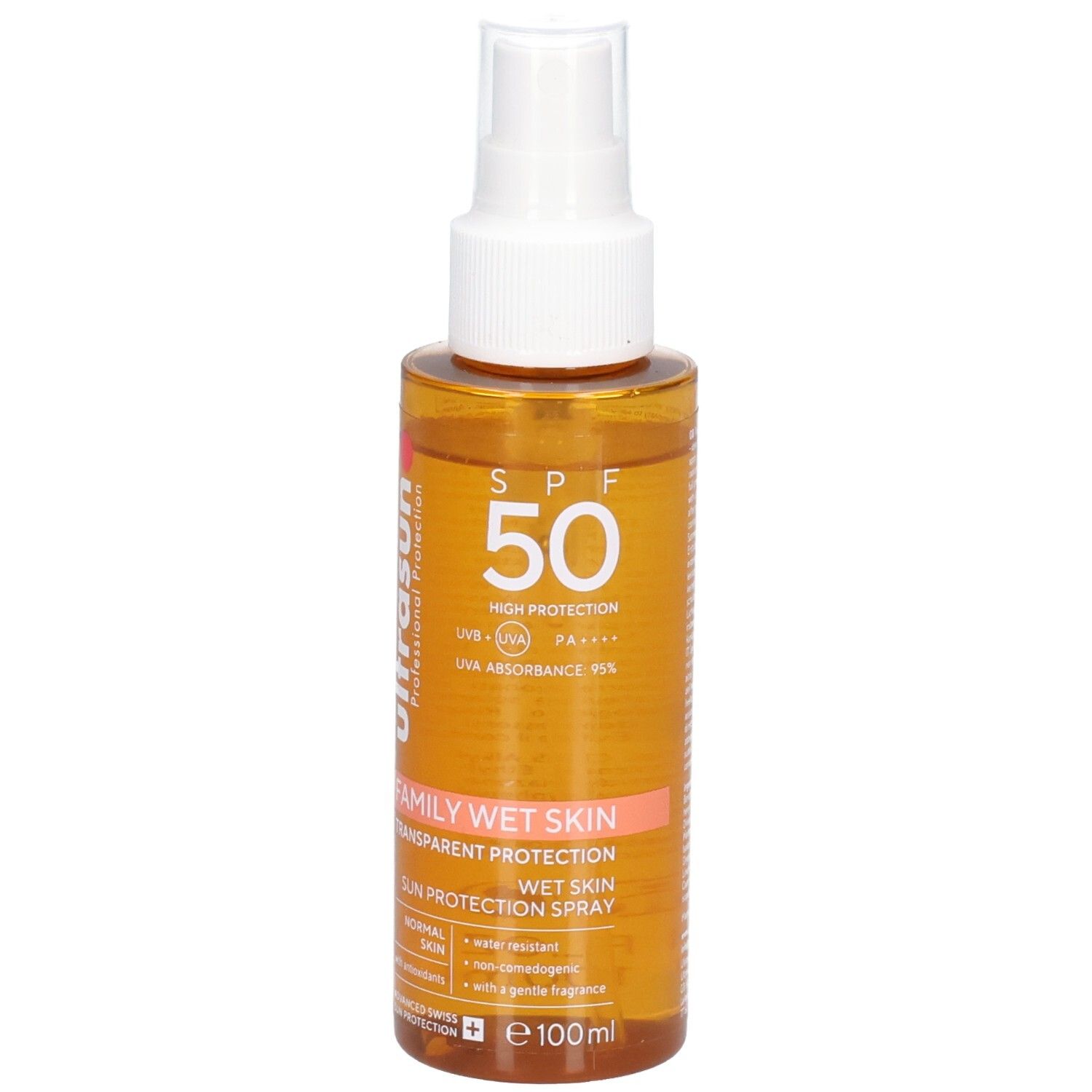 Spray solaire Ultrasun Family Wet Skin SPF 50, formule transparente.