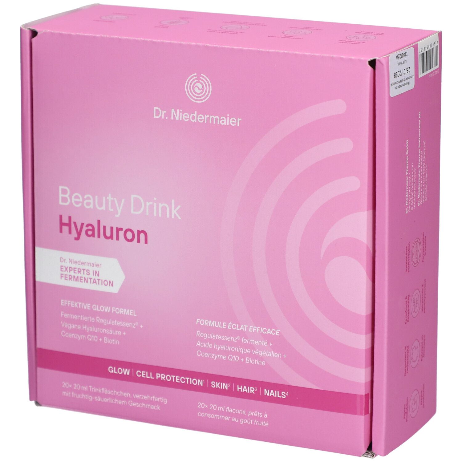 Emballage rose avec inscription Beauty Drink Hyaluron. Contient des ingrédients pour la peau, les cheveux et les ongles. Forme carrée.
