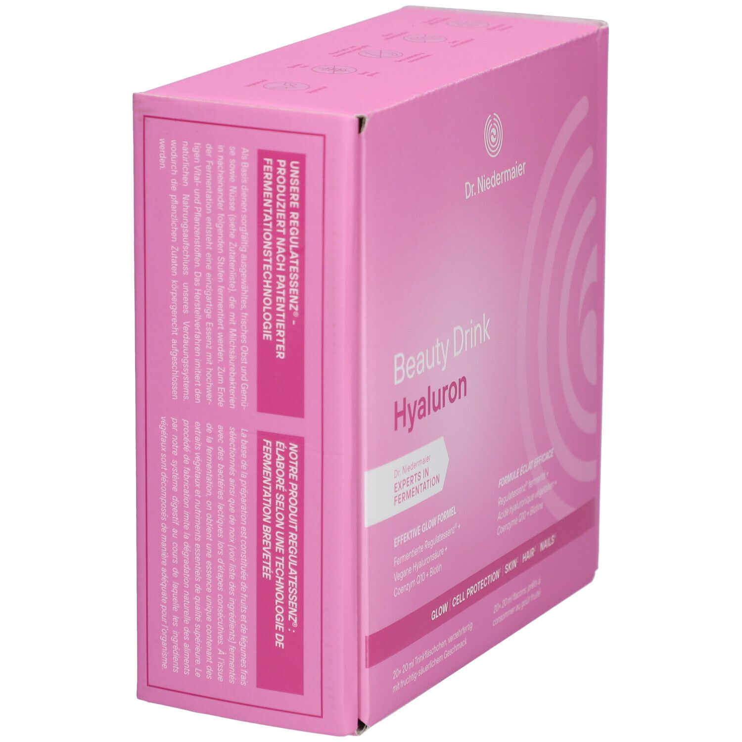 Emballage rose, en biais. Inscription Beauty Drink Hyaluron. Contient des ingrédients pour la peau, les cheveux et les ongles. Forme carrée.
