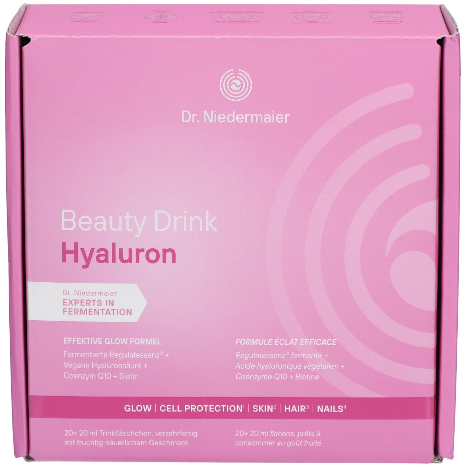 Emballage rose avec inscription Beauty Drink Hyaluron. Contient des ingrédients pour la peau, les cheveux et les ongles. Forme carrée.