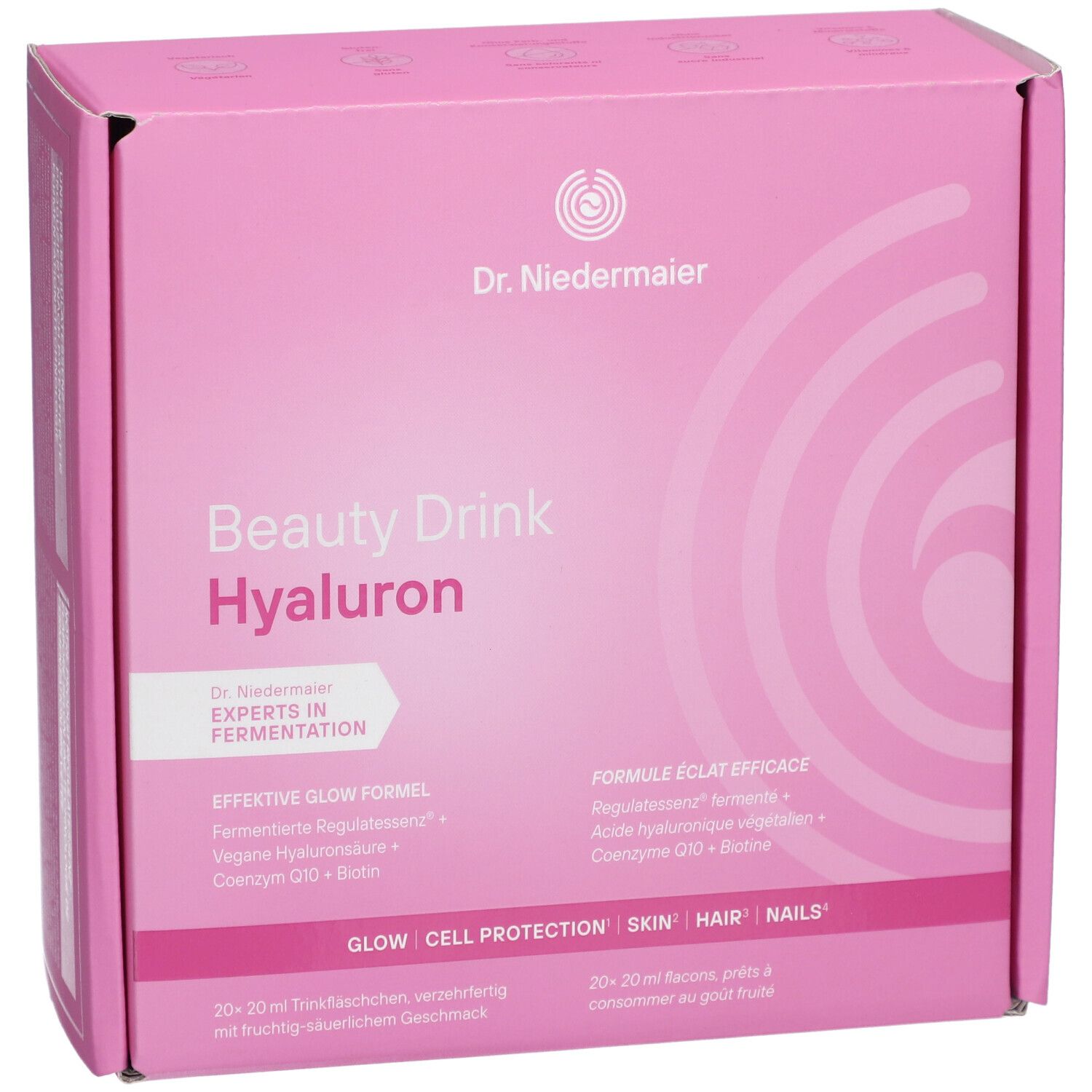 Emballage rose avec inscription Beauty Drink Hyaluron. Contient des ingrédients pour la peau, les cheveux et les ongles. Forme carrée.