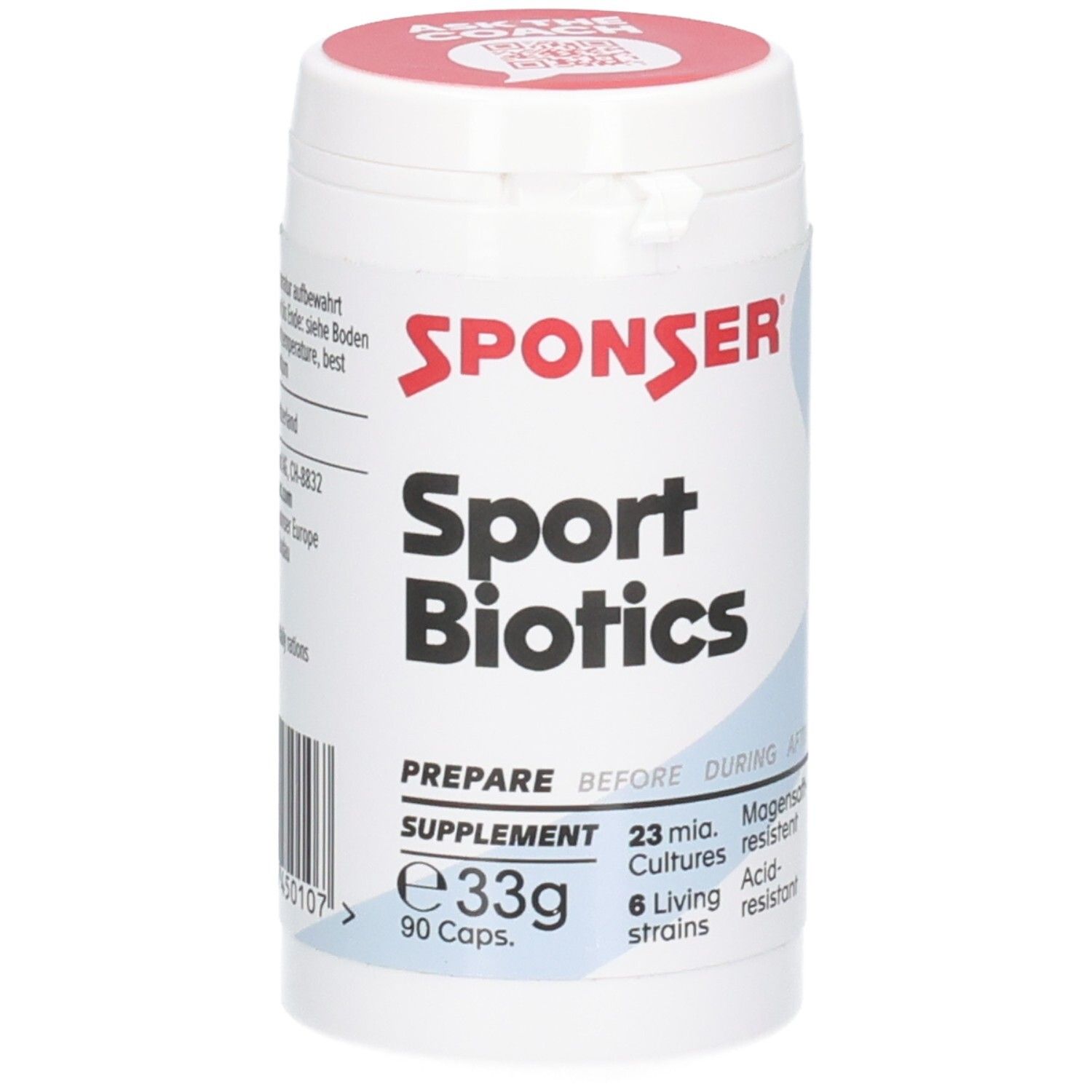 Weiße Dose mit SPONSER Sport Biotics, 90 Kapseln, 33g. Enthält 23 Mio. magensaftresistente Kulturen.
