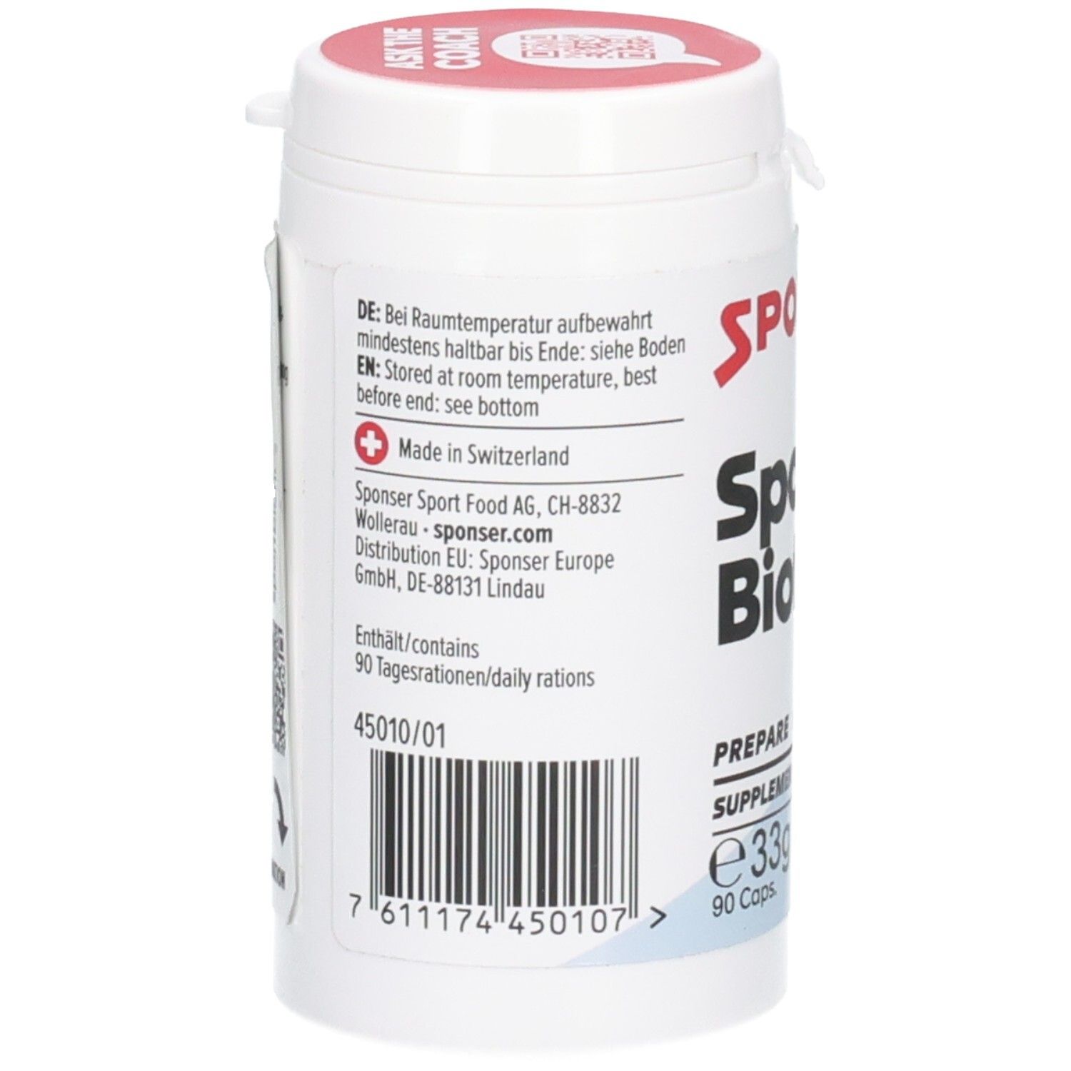 Rückseite der SPONSER Sport Biotics Dose. Hergestellt in der Schweiz. Enthält 90 Tagesrationen.