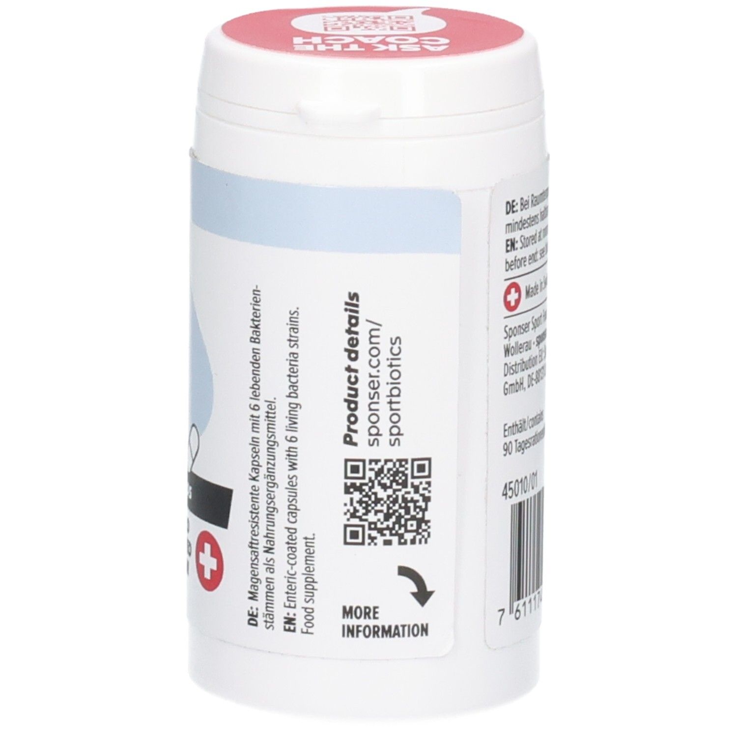 Seite der SPONSER Sport Biotics Dose mit QR-Code und Produktinformationen. Magensaftresistente Kapseln.