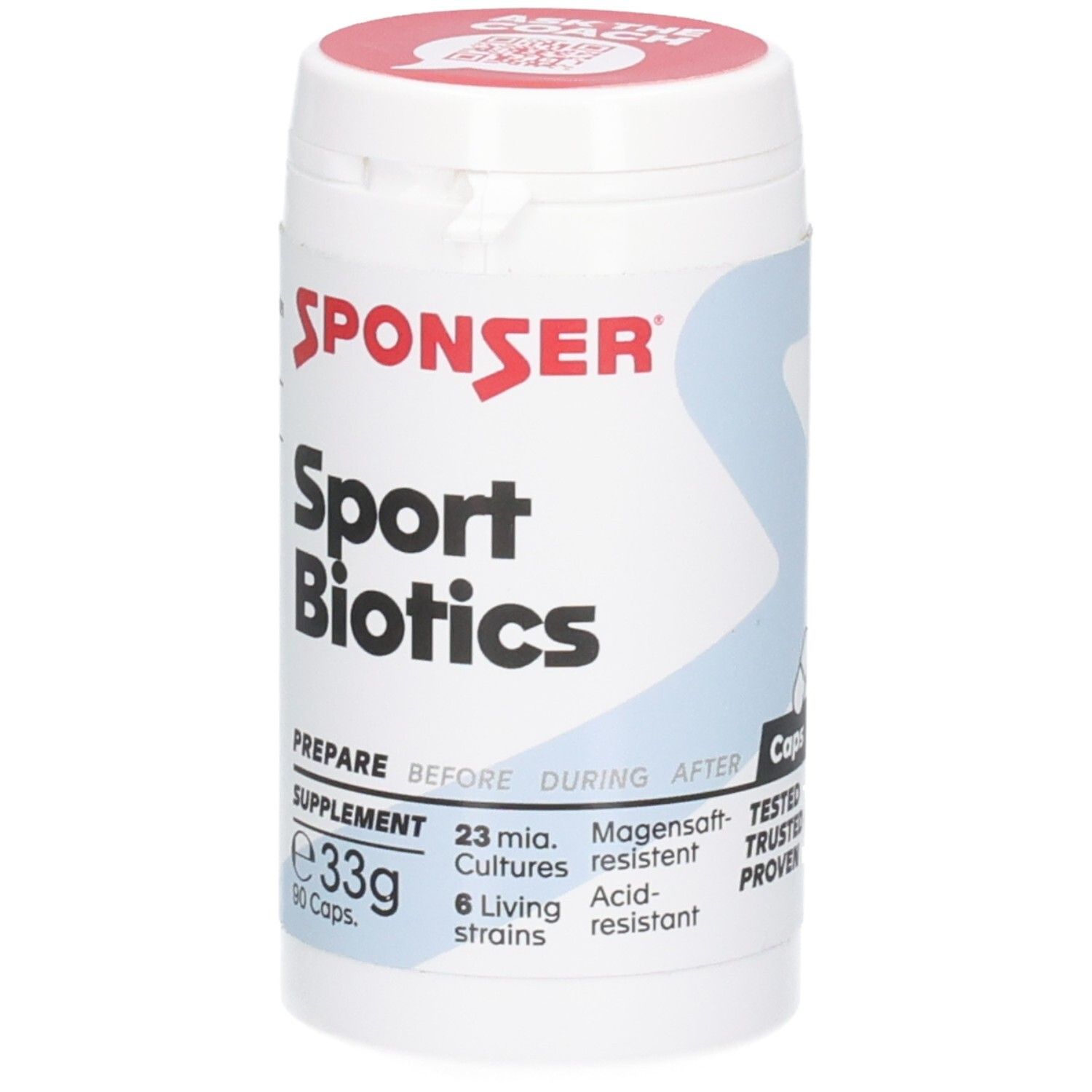 Vorderseite der SPONSER Sport Biotics Dose. 33g, 90 Kapseln. 23 Mio. magensaftresistente Kulturen.