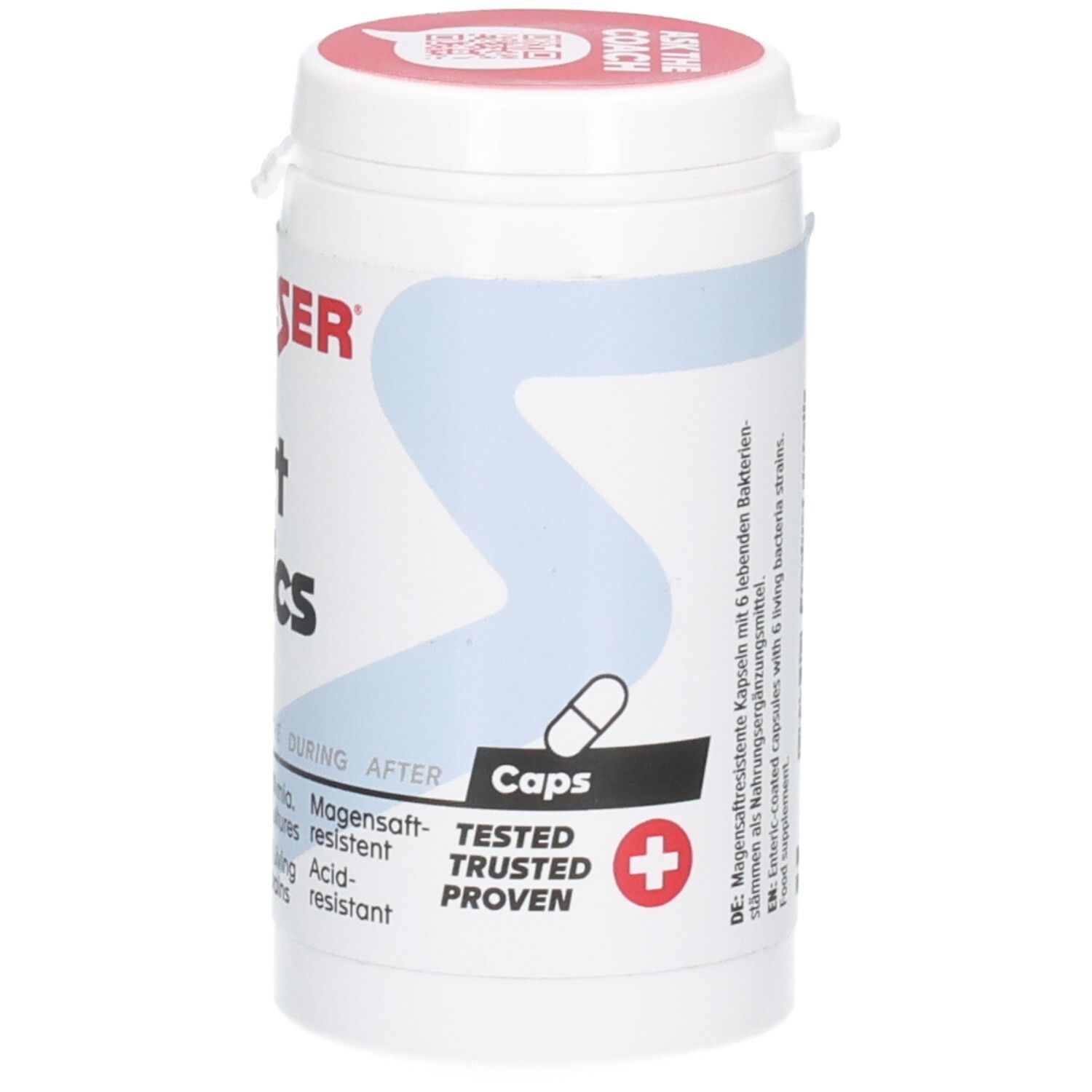 Detailansicht der SPONSER Sport Biotics Dose. Kapseln, magensaftresistent, getestet, bewährt.