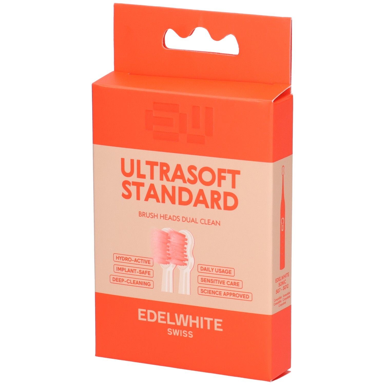 Orangefarbene Verpackung mit Produktnamen und zwei rosa Bürstenköpfen. Text: Ultrasoft Standard, EDEL+WHITE.