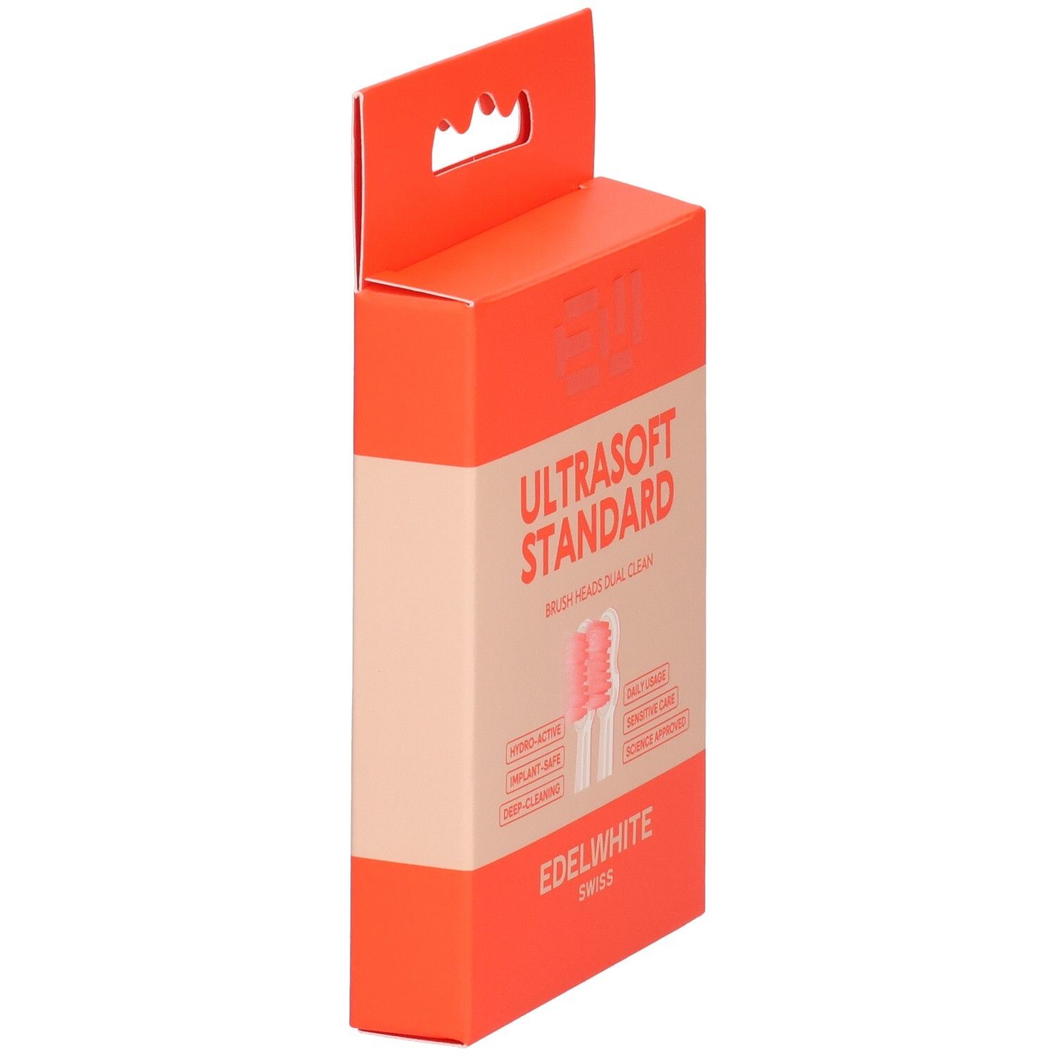 Orangefarbene Verpackung, Seitenansicht. Text: Ultrasoft Standard, EDELWHITE. Abbildung von Bürstenkopf.