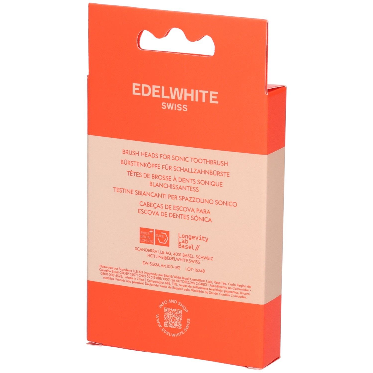 Rückseite der orangefarbenen Verpackung. Text: EDELWHITE, Bürstenköpfe für Schallzahnbürste. Mehrsprachiger Text.