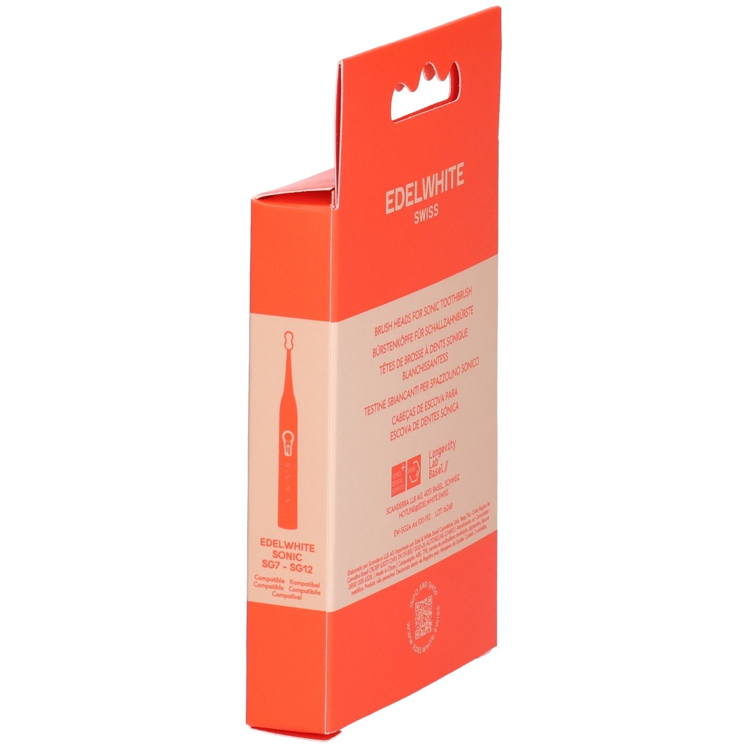 Orangefarbene Verpackung, Seitenansicht. Text: EDELWHITE, Bürstenköpfe für Schallzahnbürste. Abbildung Bürstenkopf.