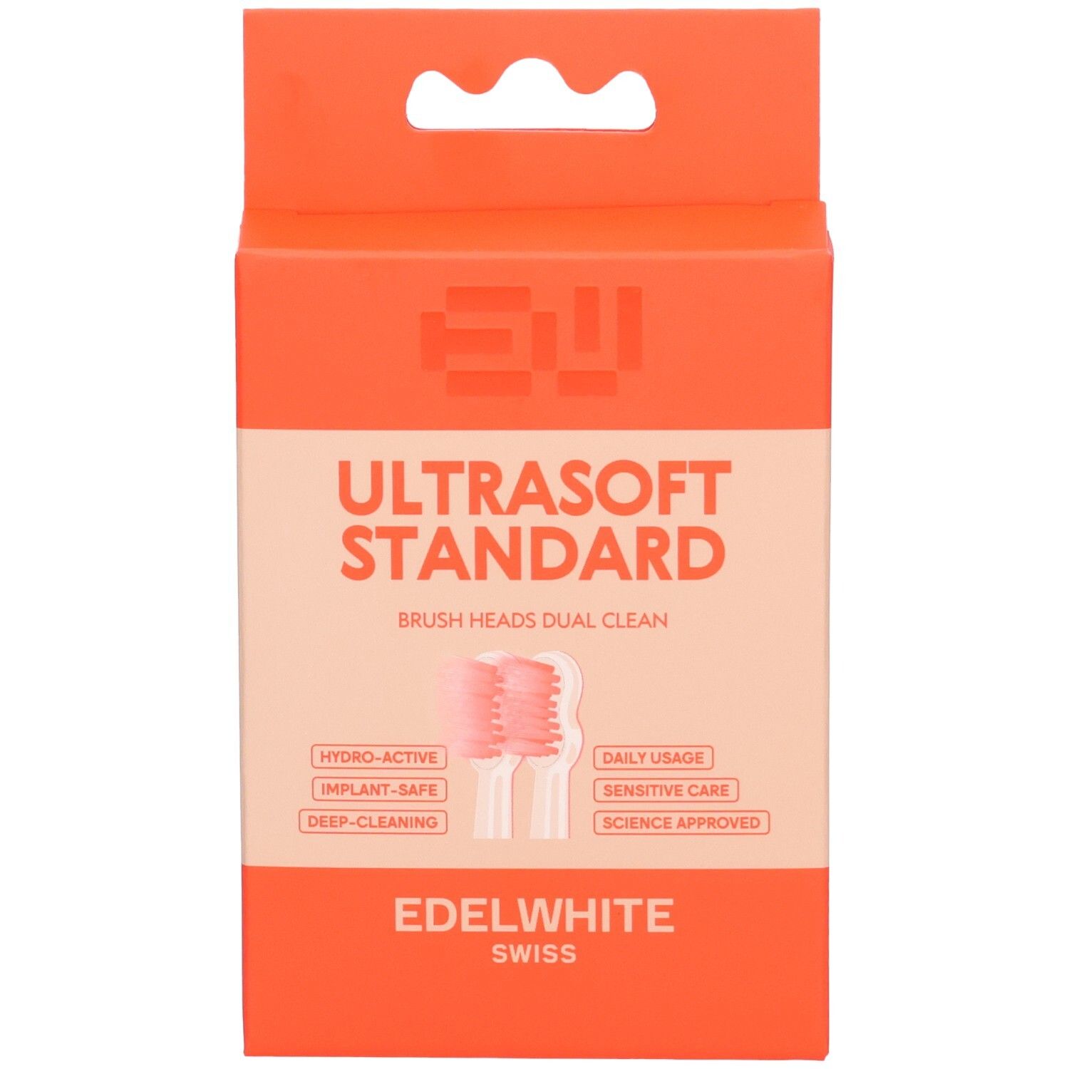 Orangefarbene Verpackung mit Produktnamen und zwei rosa Bürstenköpfen. Text: Ultrasoft Standard, EDEL+WHITE.
