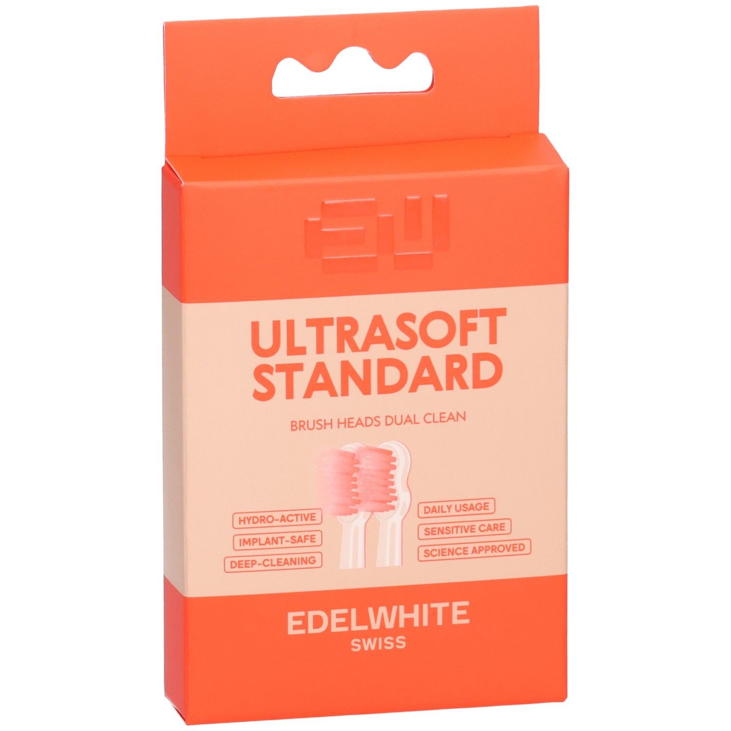 Orangefarbene Verpackung mit Produktnamen und zwei rosa Bürstenköpfen. Text: Ultrasoft Standard, EDEL+WHITE.