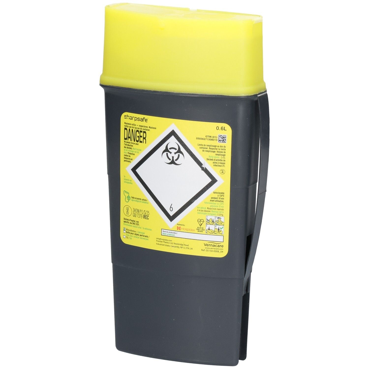 Boîte d'élimination grise et jaune. Couvercle jaune, conteneur noir avec autocollants jaunes. Symbole de risque biologique et texte.
