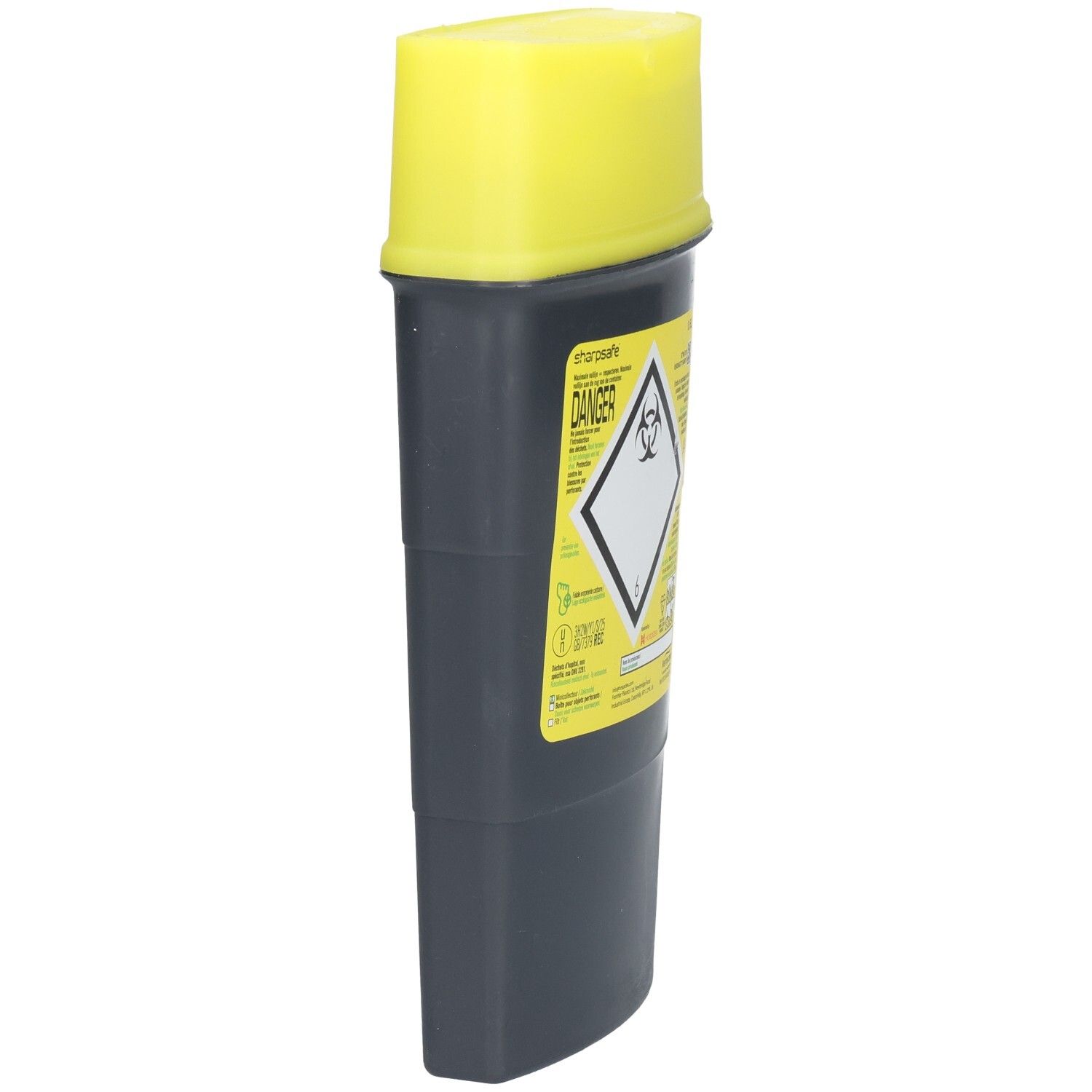 Boîte d'élimination grise et jaune. Couvercle jaune, conteneur noir. Symbole de risque biologique et texte sur autocollant jaune.