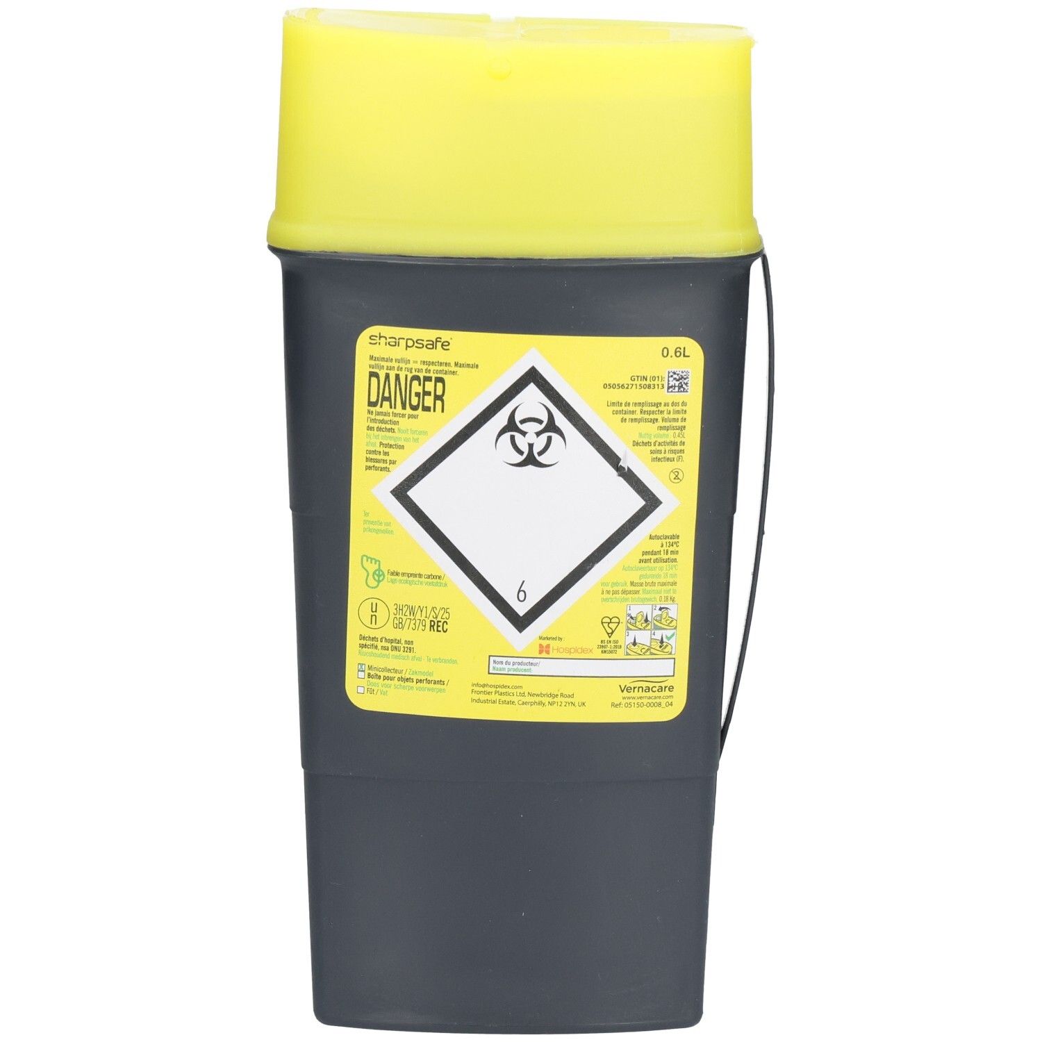 Boîte d'élimination grise et jaune. Couvercle jaune, conteneur noir avec autocollants jaunes. Symbole de risque biologique et texte.