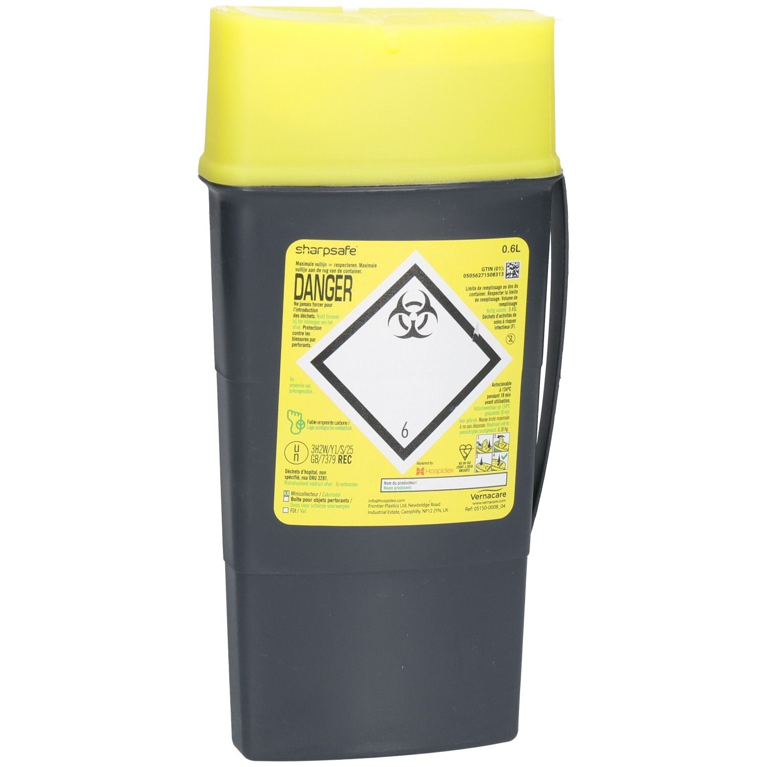Boîte d'élimination grise et jaune. Couvercle jaune, conteneur noir avec autocollants jaunes. Symbole de risque biologique et texte.