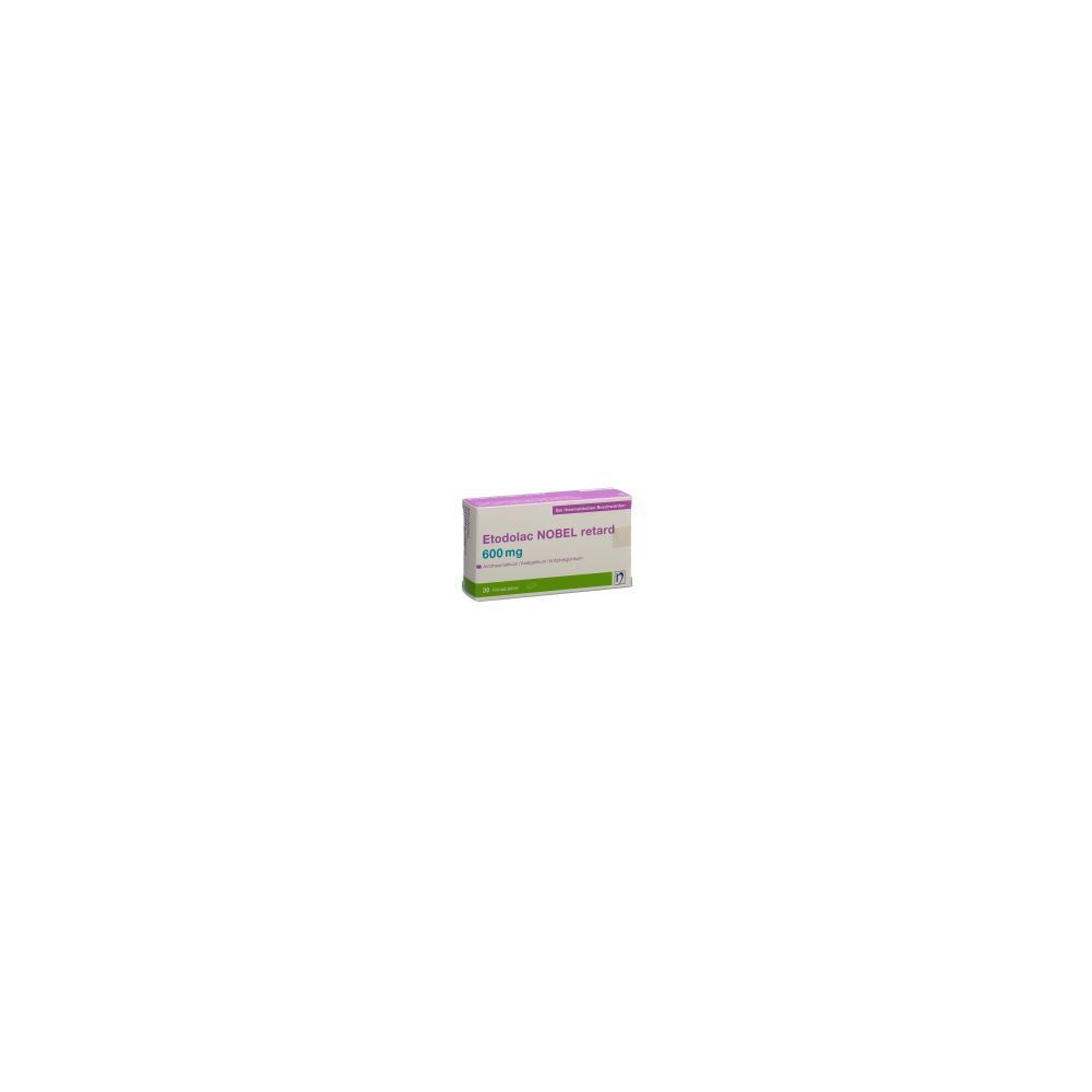 Karton mit Etodolac Nobel Ret Filmtabl 600 mg. Weiß, grün und lila. Text: Etodolac Nobel, 600 mg.
