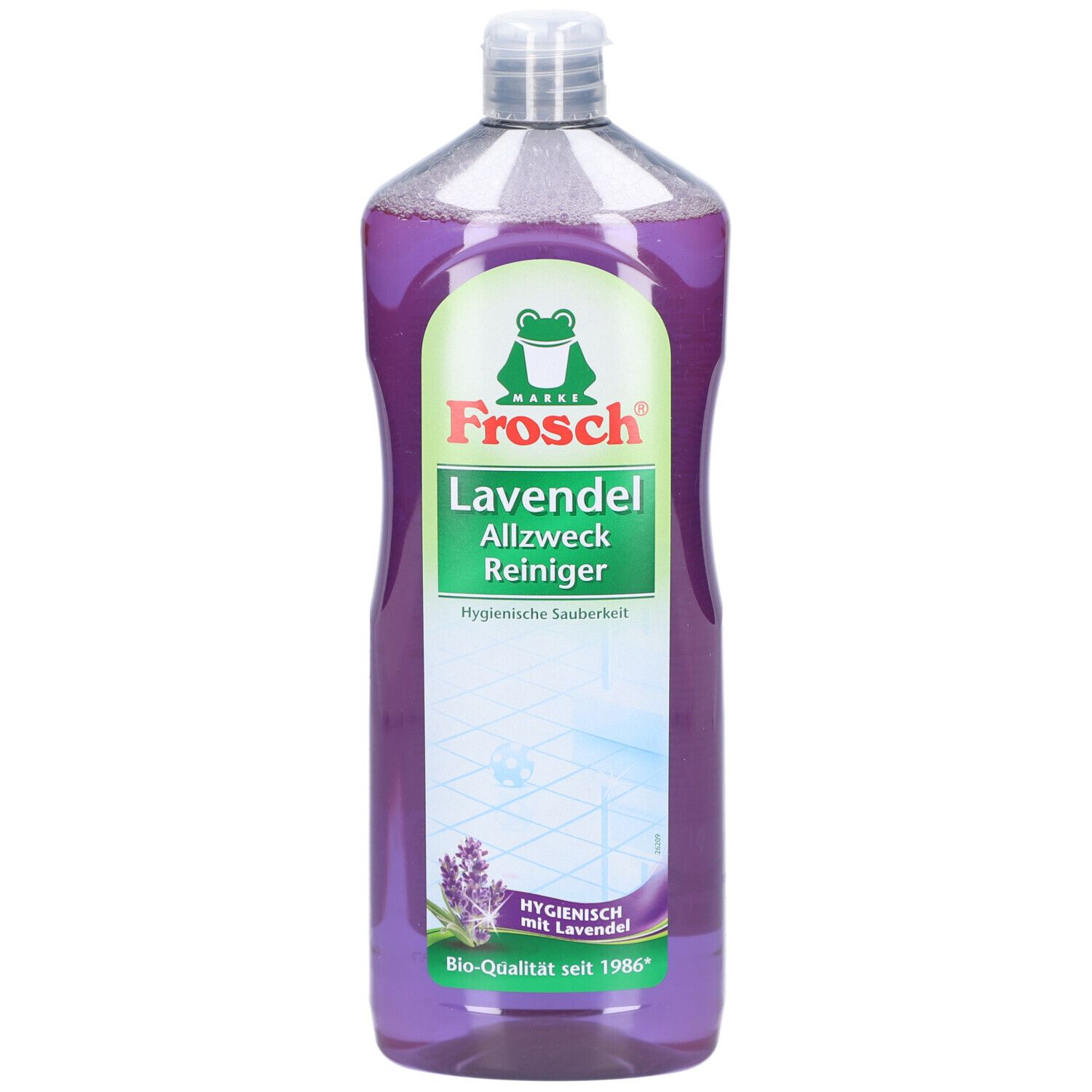 Flacon FROSCH Allzweck Reiniger Lavande. Liquide violet, étiquette verte avec logo grenouille et nom du produit.