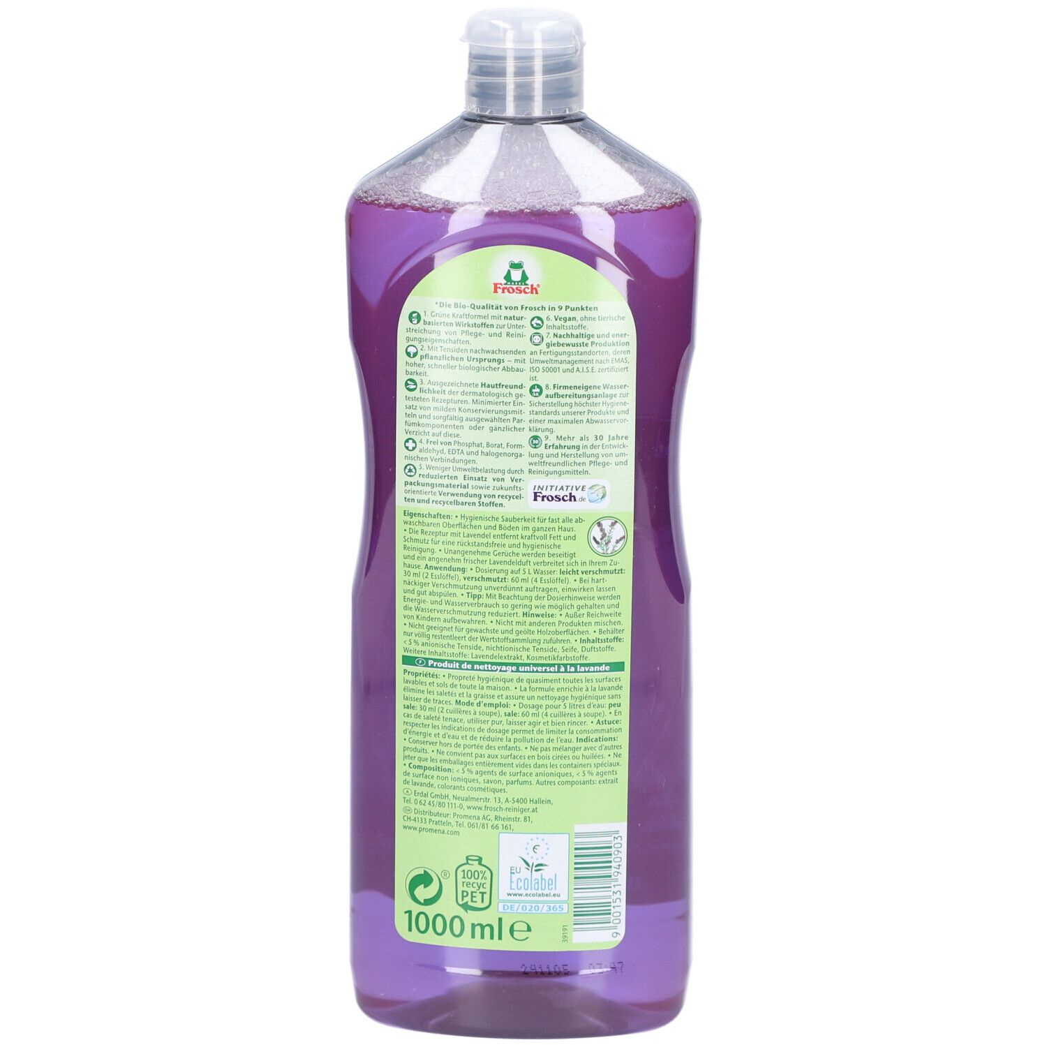 Dos du flacon FROSCH Allzweck Reiniger Lavande. Étiquette verte avec texte, symbole de recyclage et indication de volume.