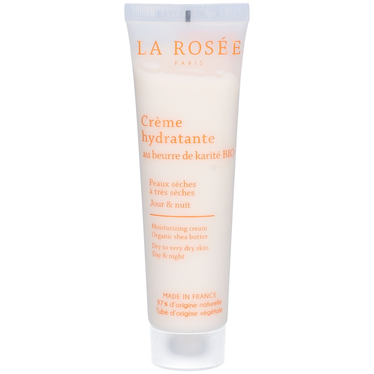 Tube de crème. Texte: Crème hydratante, Peaux sèches à très sèches, Jour & nuit. Beurre de karité bio. Fabriqué en France.