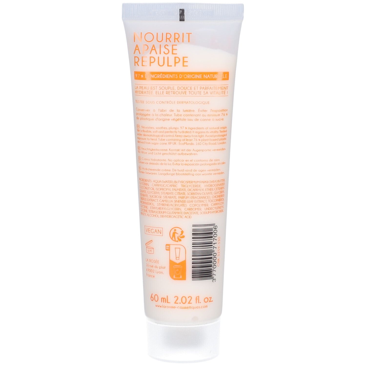 Dos du tube de crème. Texte: Nourrit, apaise, repulpe. Ingrédients d'origine naturelle. Vegan. 60 ml. Symbole de recyclage.