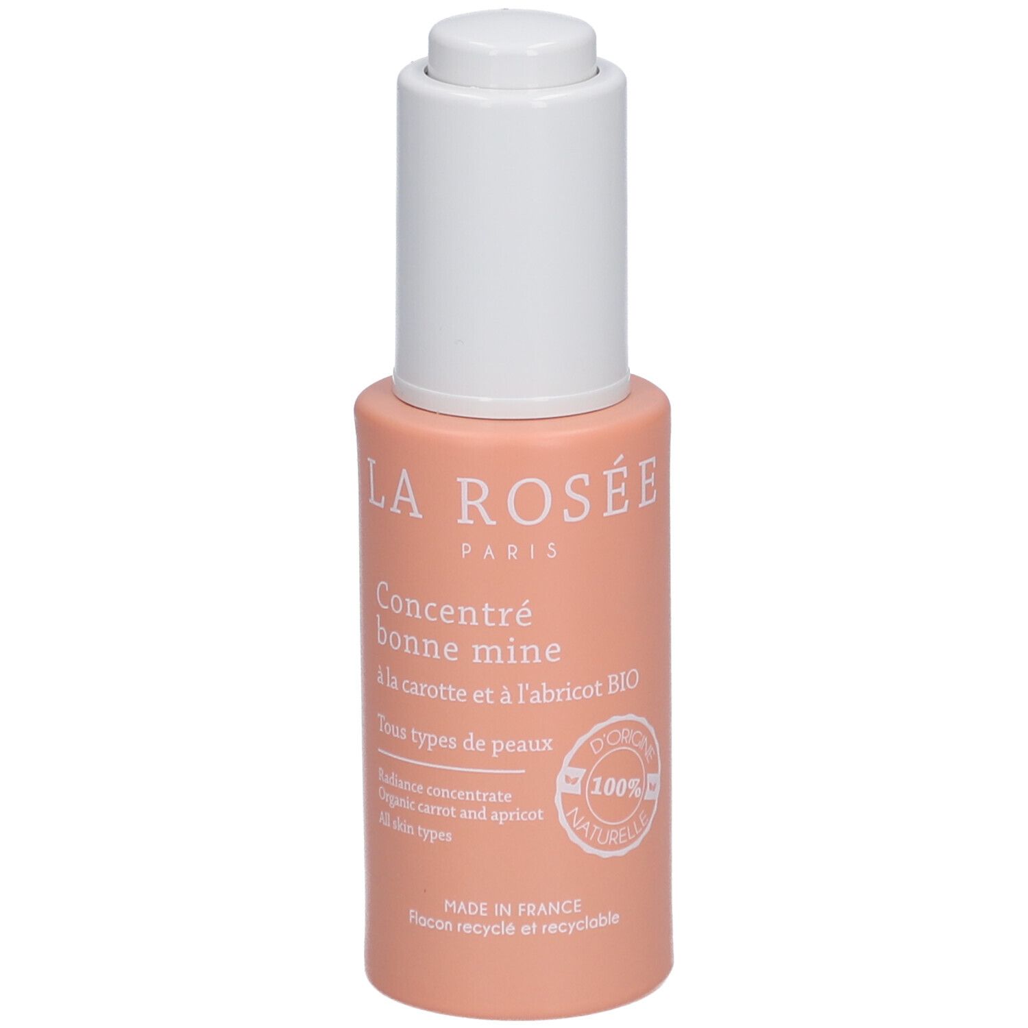 Rosa Flasche mit weißem Deckel. Aufschrift: LA ROSÉE, Konzentrat, bonne mine, à la carotte et à l'abricot BIO. 100% natürlich.