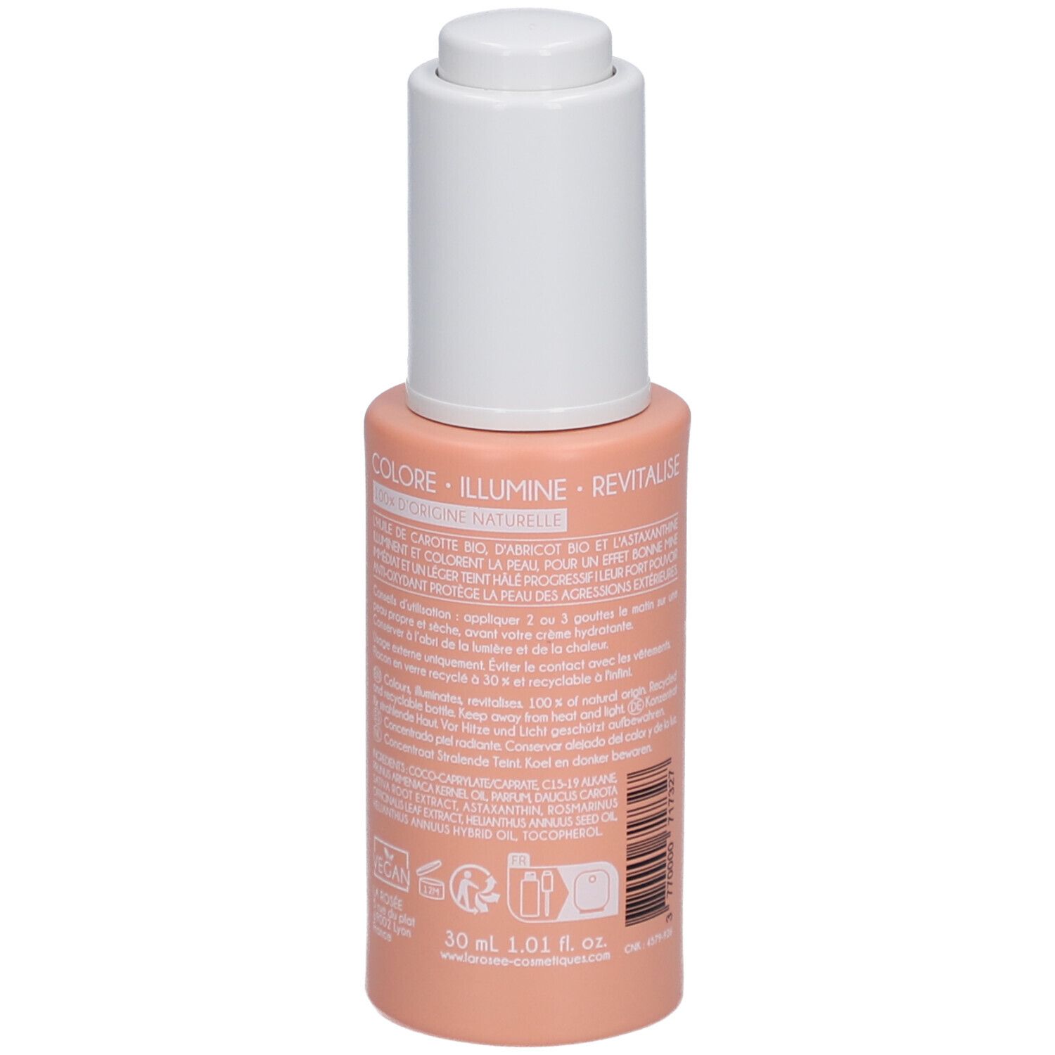 Rosa Flasche mit weißem Deckel. Text: 30 ml 1.01 fl. oz. Inhaltsstoffe, Anwendungshinweise. Vegan-Logo.