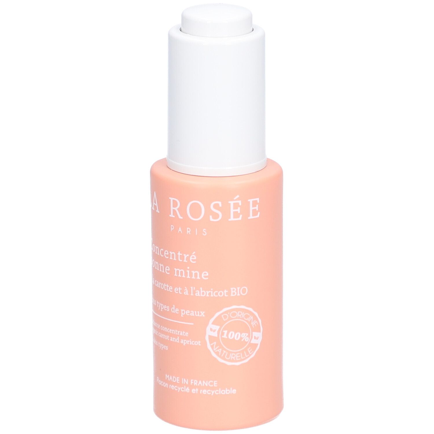 Rosa Flasche mit weißem Deckel. Aufschrift: LA ROSÉE, Konzentrat, bonne mine, à la carotte et à l'abricot BIO. 100% natürlich.