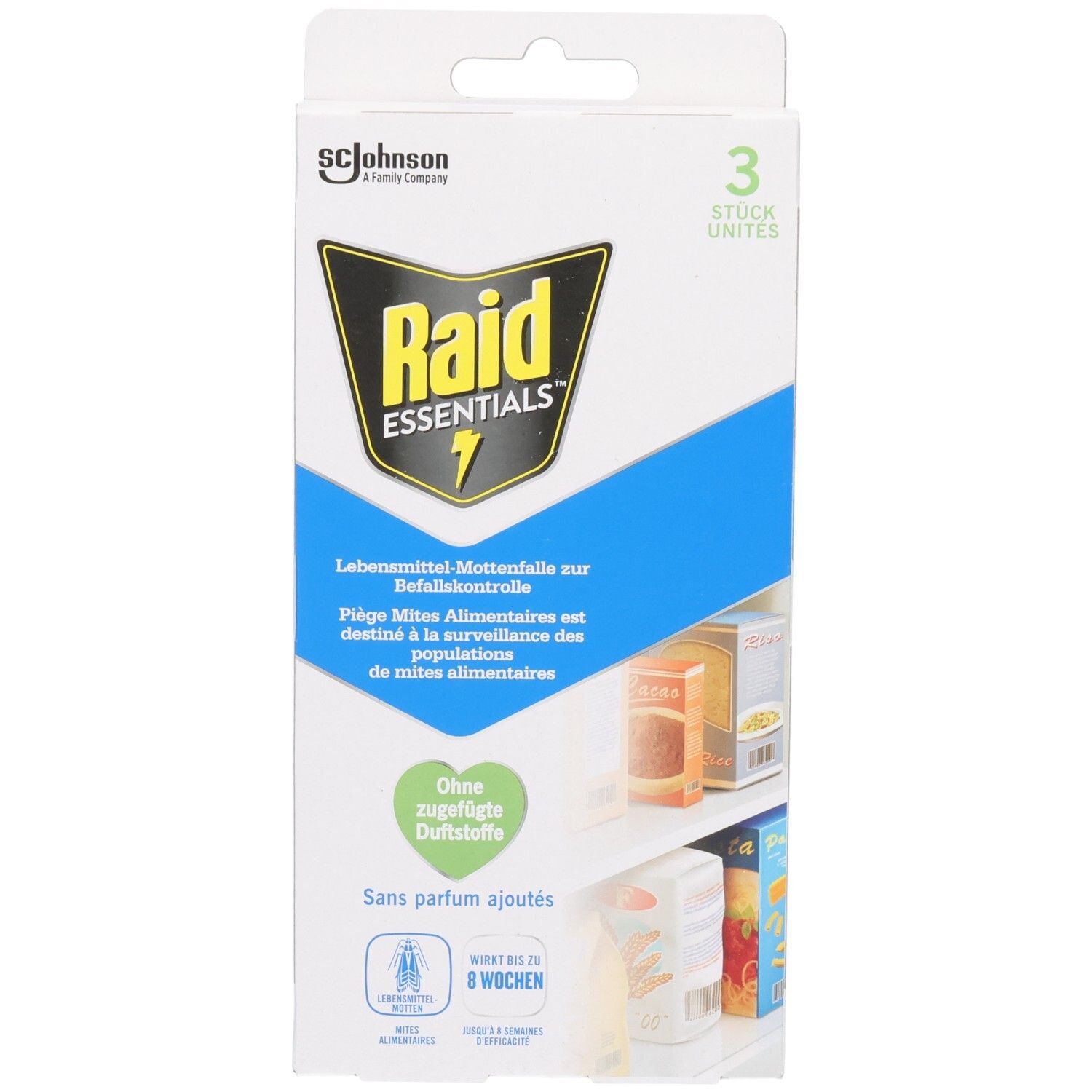 Raid Essentials Lebensmittel-Mottenfalle Packung mit 3 Einheiten, ohne Duftstoffe.
