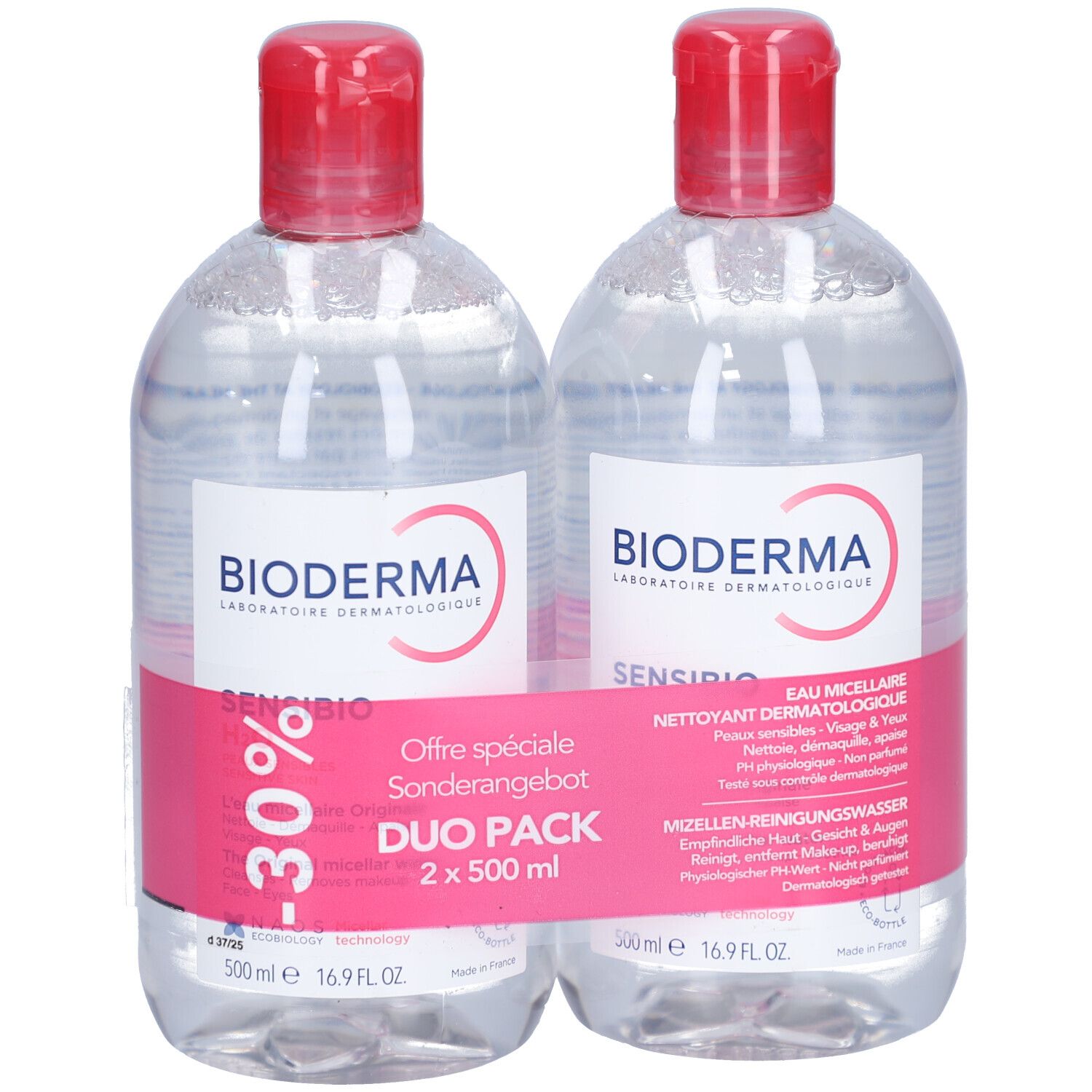 Zwei Flaschen mit rotem Deckel. Aufkleber mit BIODERMA-Logo und -30% Rabatt. Duo Pack 2 x 500 ml.
