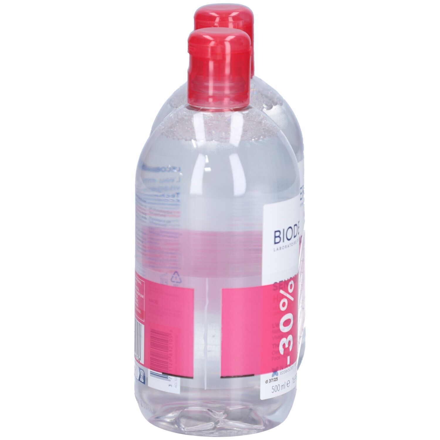 Zwei Flaschen mit rotem Deckel. Aufkleber mit BIODERMA-Logo und -30% Rabatt. Duo Pack 2 x 500 ml.