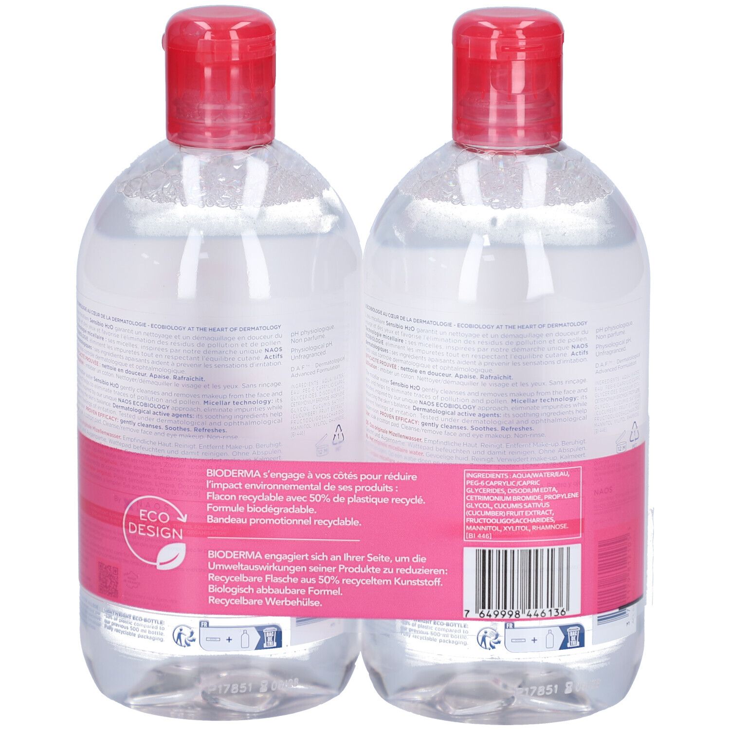 Zwei Flaschen mit rotem Deckel. Aufkleber mit BIODERMA-Logo und Eco Design. Rückseite mit Text.