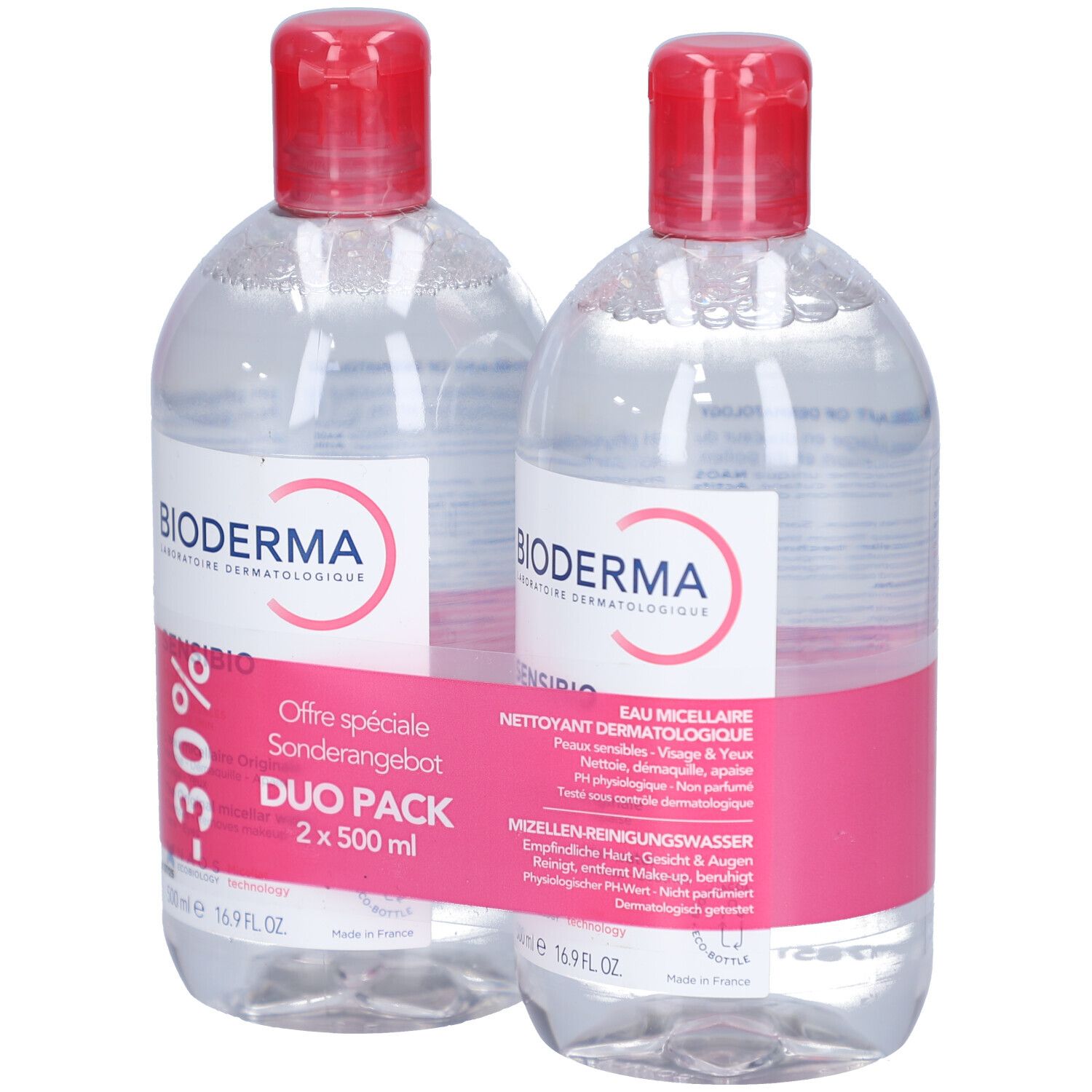 Zwei Flaschen mit rotem Deckel. Aufkleber mit BIODERMA-Logo und -30% Rabatt. Duo Pack 2 x 500 ml.