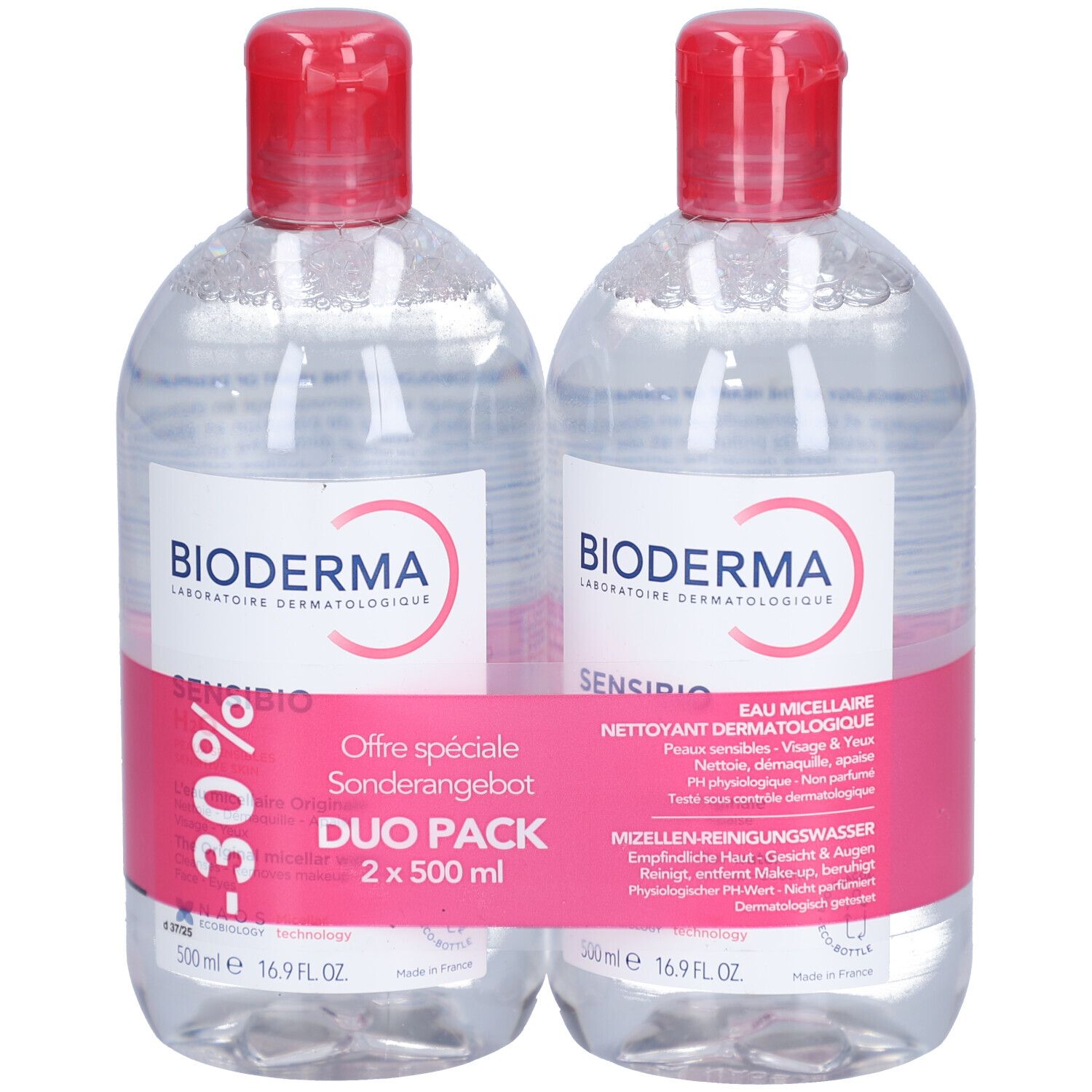Zwei Flaschen mit rotem Deckel. Aufkleber mit BIODERMA-Logo und -30% Rabatt. Duo Pack 2 x 500 ml.