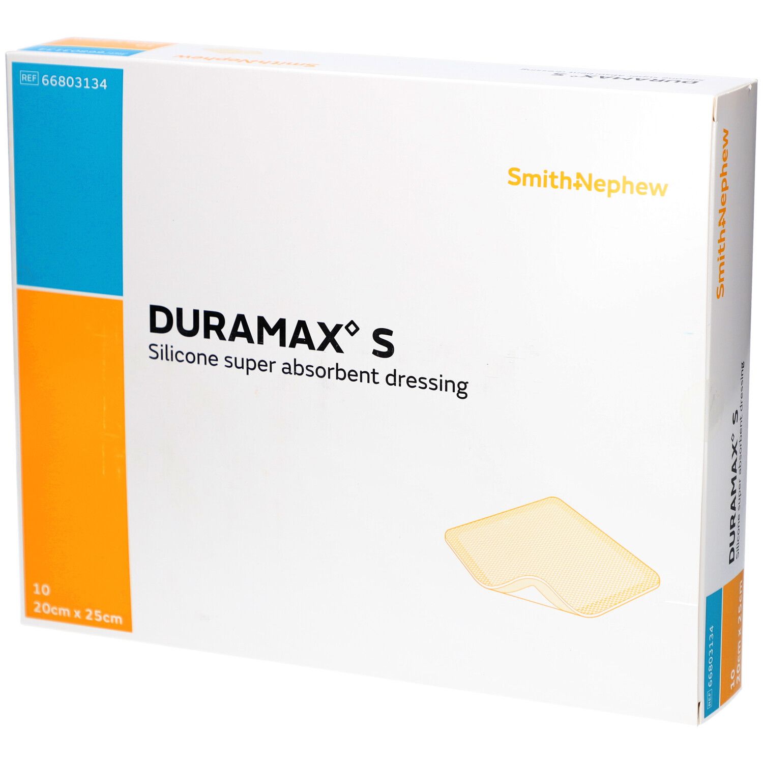 Verpackung DURAMAX S Silikon-Superabsorber. 10 Stück, 20x25cm. Marke Smith+Nephew. Produktbezeichnung und Produktabbildung.