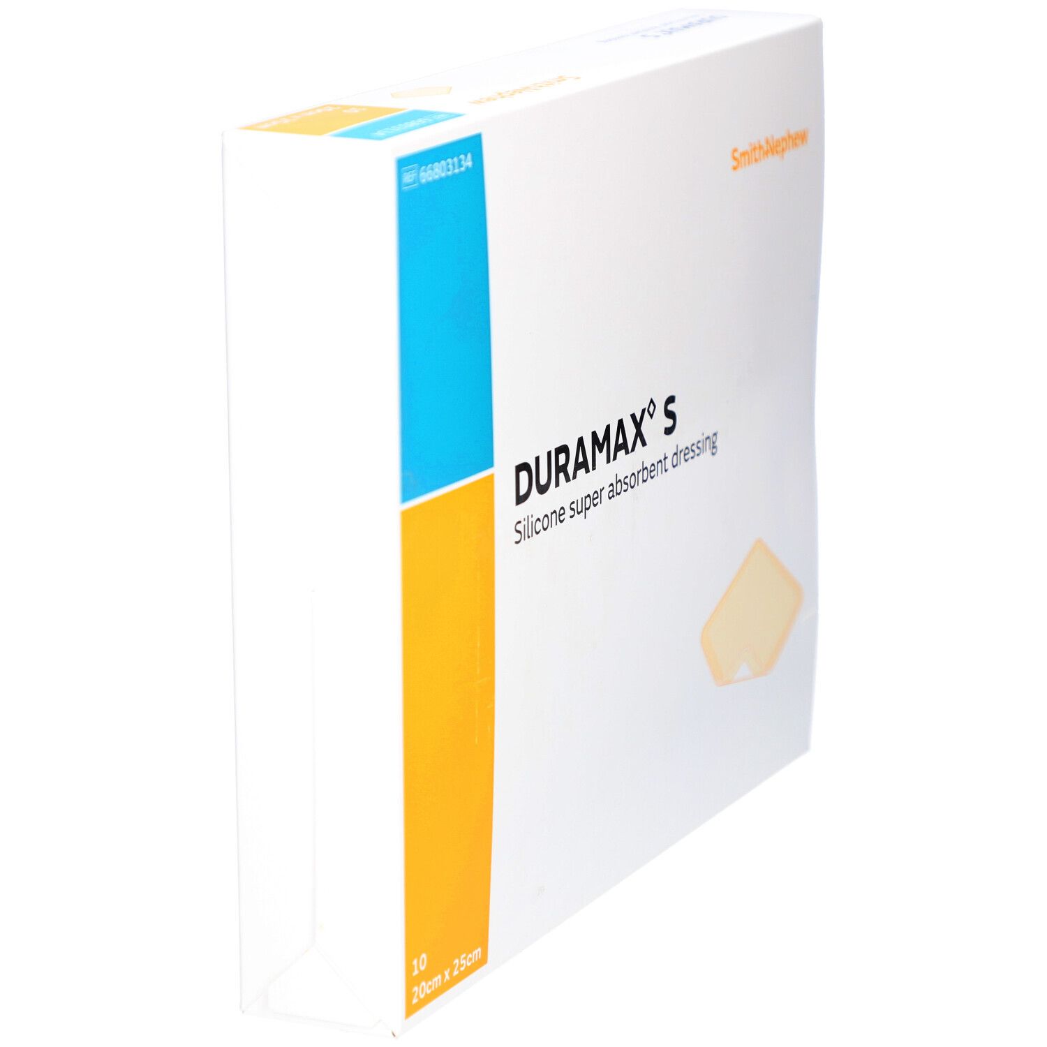 DURAMAX S Verpackung, schräg. Marke Smith+Nephew. Produktbezeichnung und Produktabbildung. 10 Stück, 20x25cm.