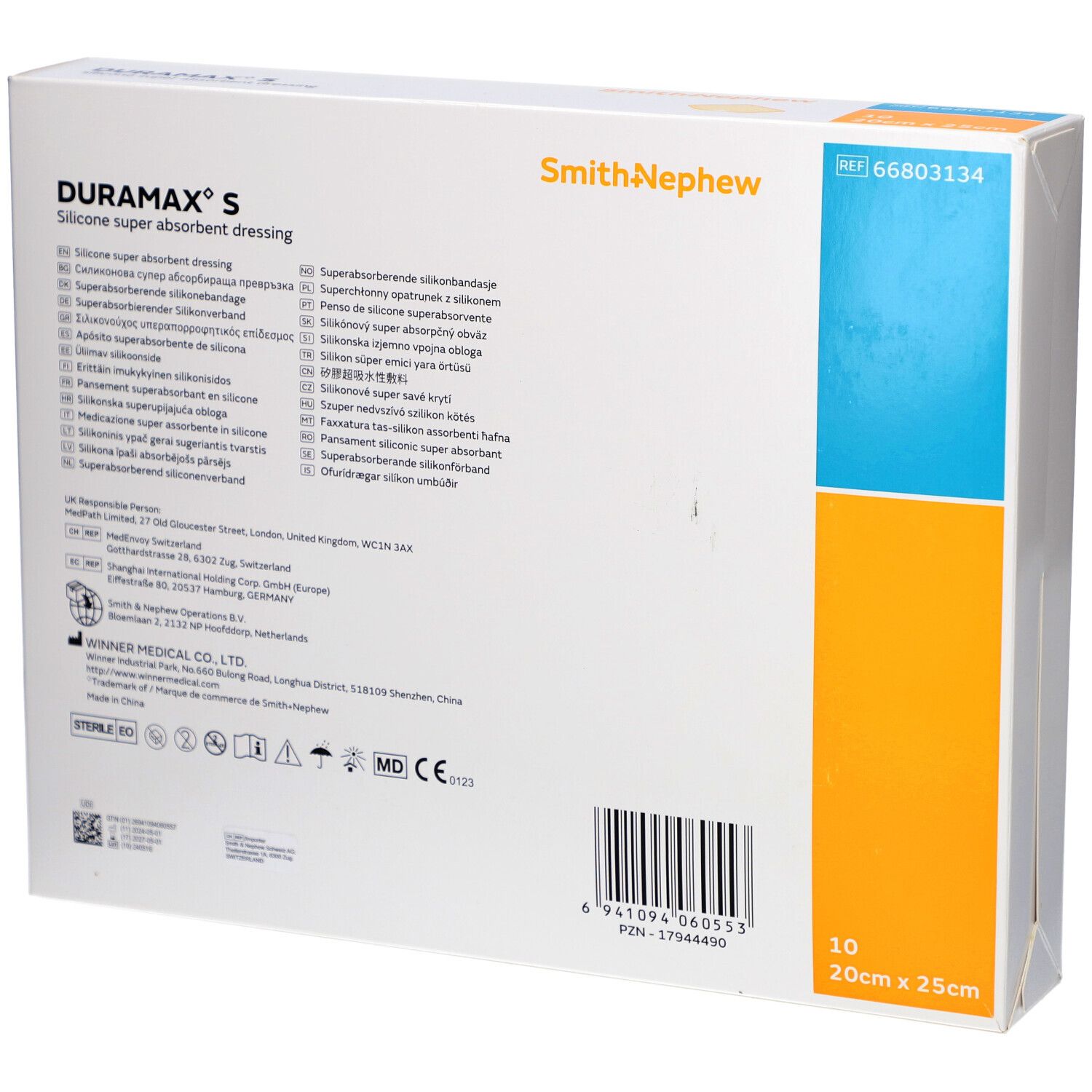 Rückseite der DURAMAX S Verpackung. Produktinformationen, Herstellerangaben, Barcode. 10 Stück, 20x25cm.