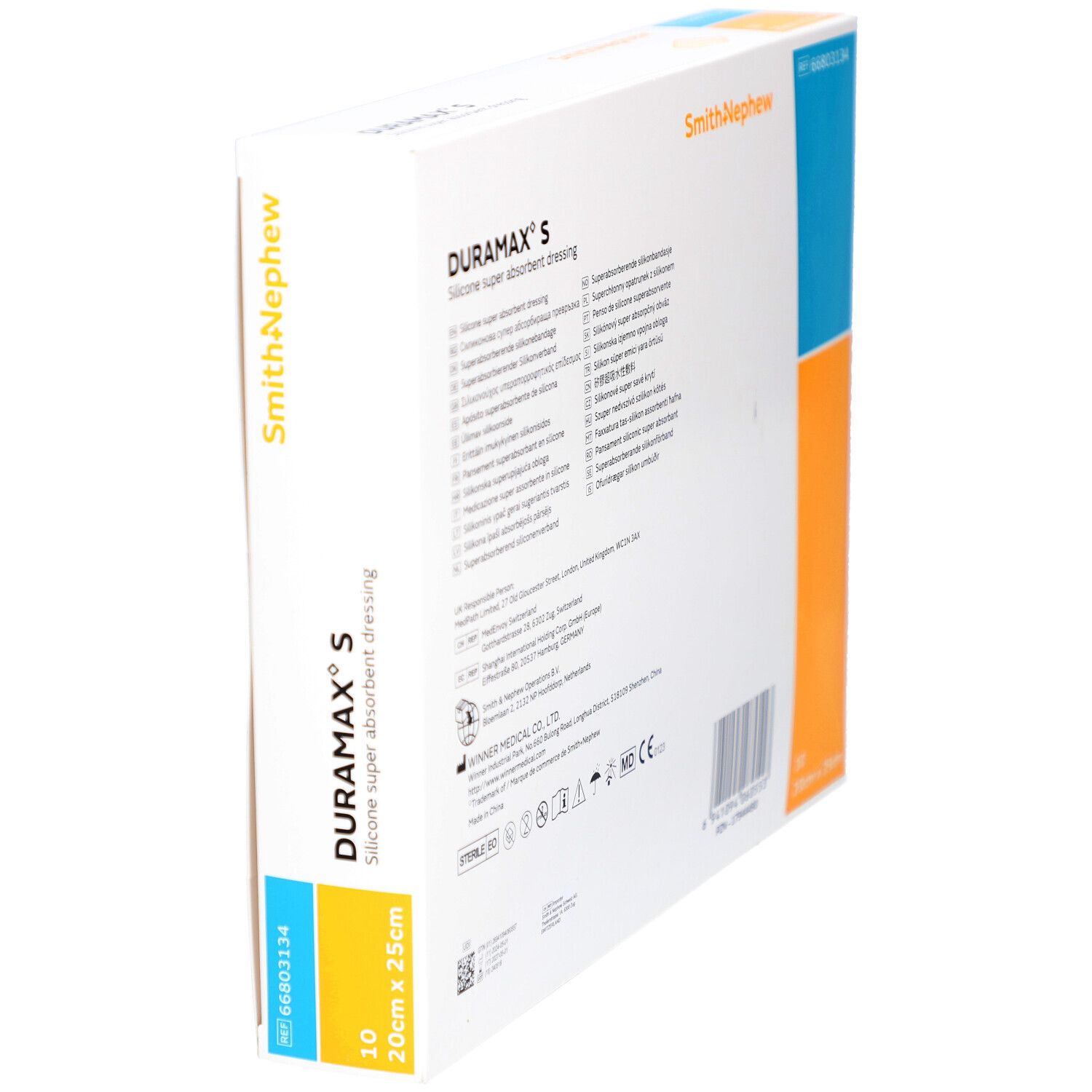 DURAMAX S Verpackung, schräg. Rückseite mit Produktinformationen. Marke Smith+Nephew. 10 Stück, 20x25cm.