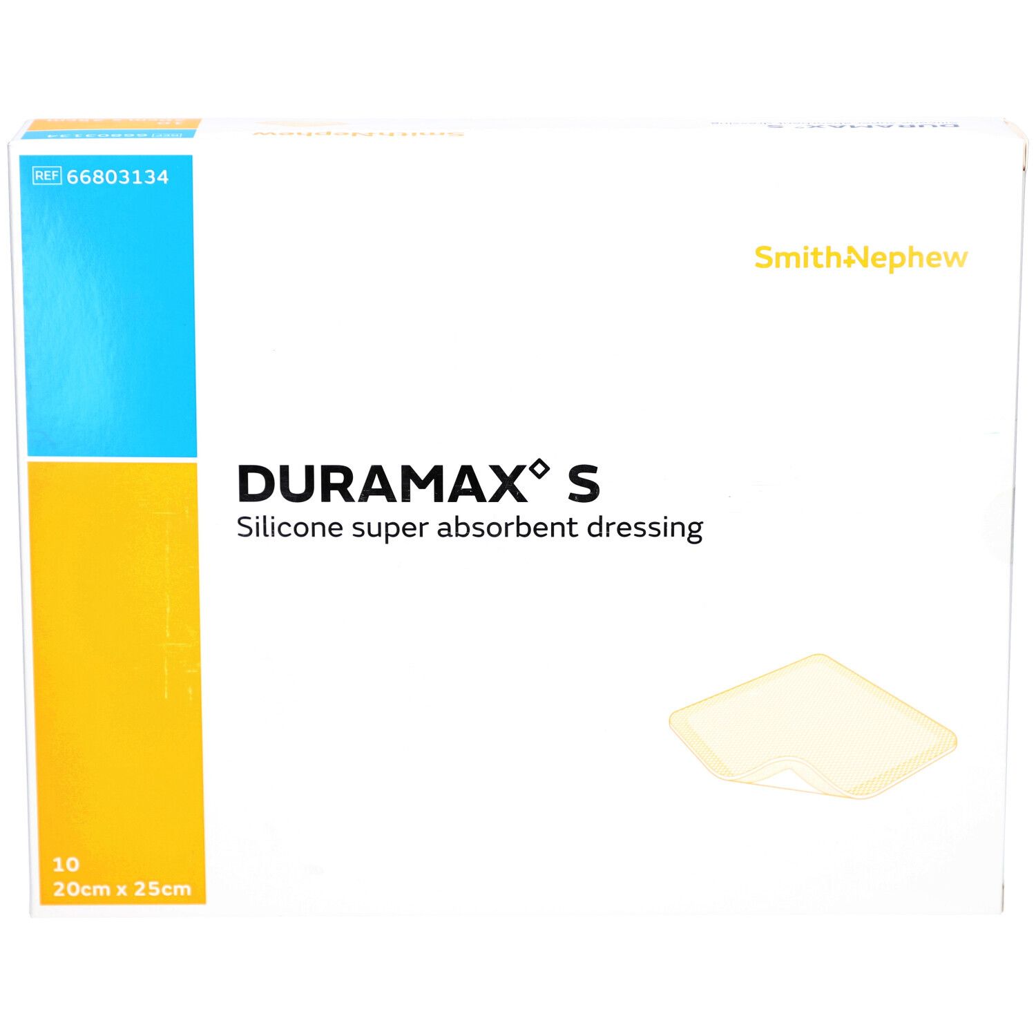 DURAMAX S Verpackung. Marke Smith+Nephew. Produktbezeichnung und Produktabbildung. 10 Stück, 20x25cm.