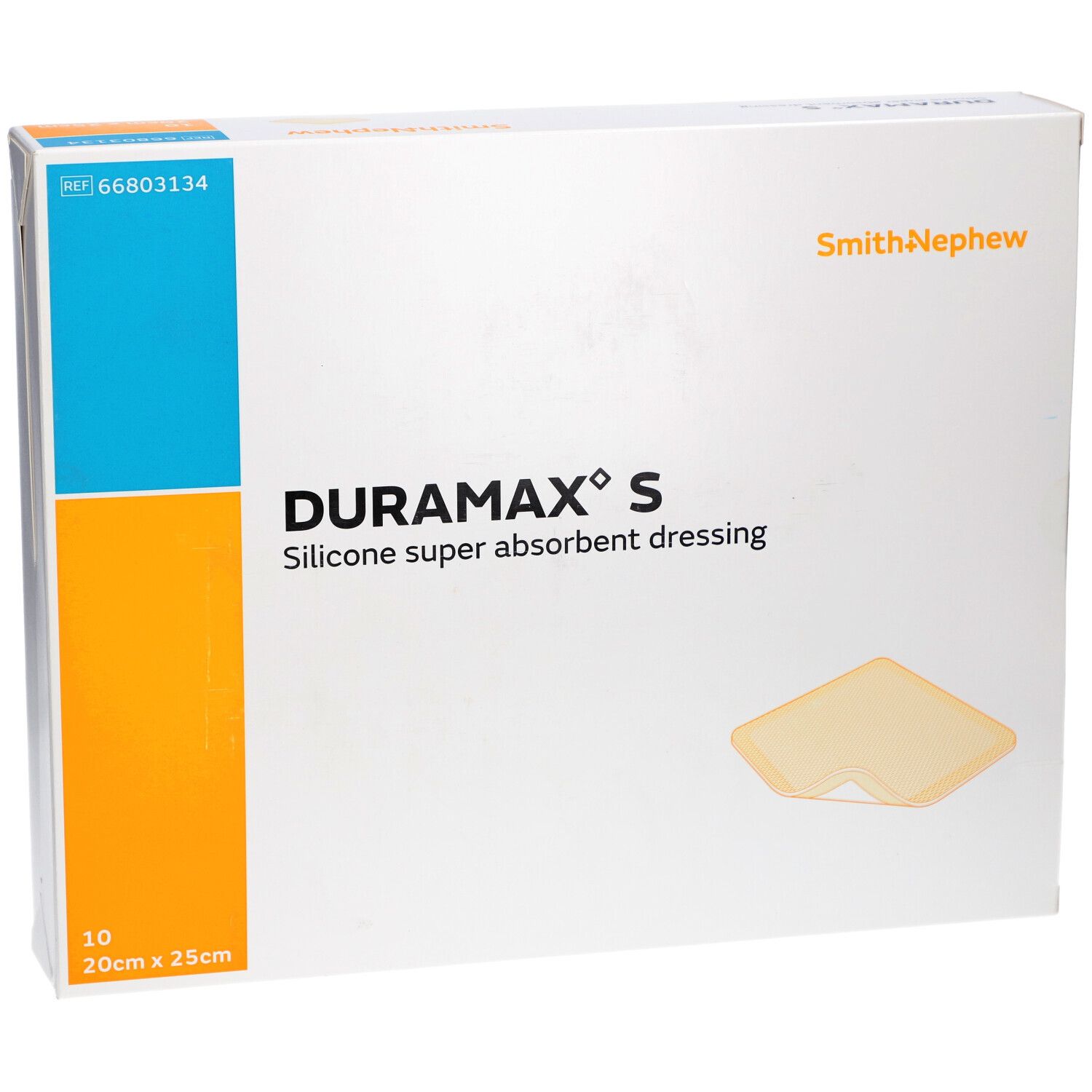 DURAMAX S Verpackung. Marke Smith+Nephew. Produktbezeichnung und Produktabbildung. 10 Stück, 20x25cm.