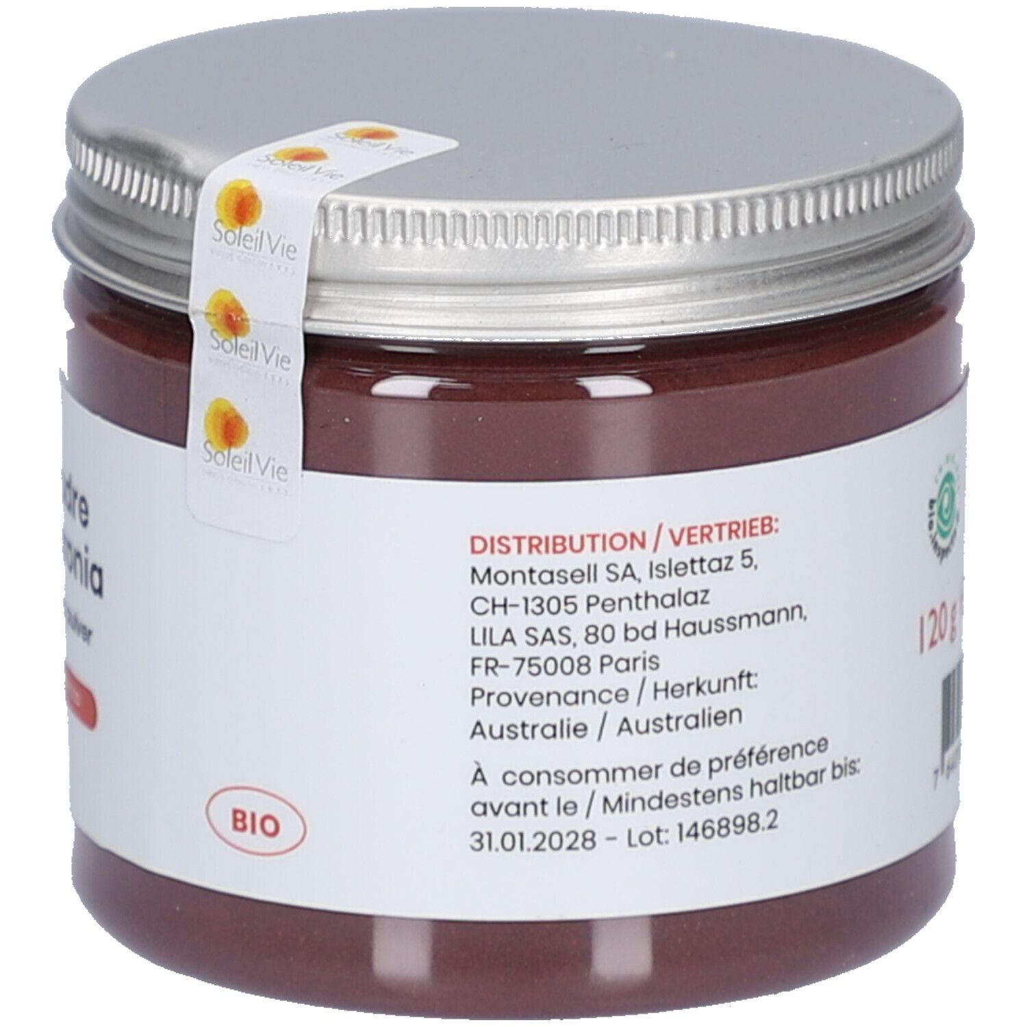 Poudre brune en pot de verre avec couvercle argenté. Dos avec texte et label BIO. Autocollant avec logo. 120g.