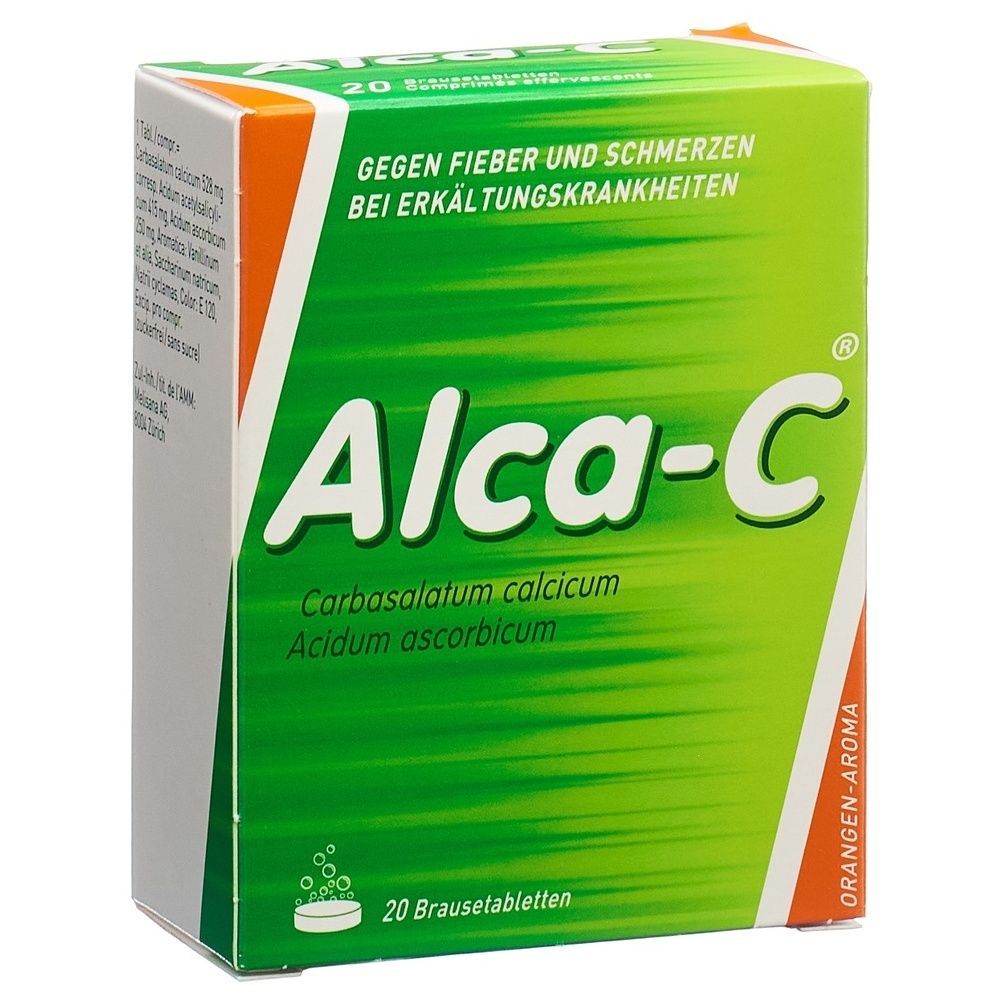Grüne Schachtel mit "Alca-C"-Logo. Text: Gegen Fieber und Schmerzen. Enthält 20 Brausetabletten. Orange-Aroma.
