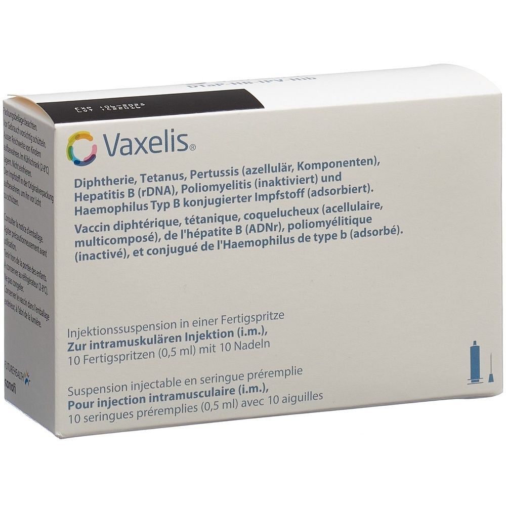 Weiße Verpackung mit Produktinformationen. Aufschrift: Vaxelis. Enthält 10 Fertigspritzen mit 0,5 ml und 10 Nadeln.